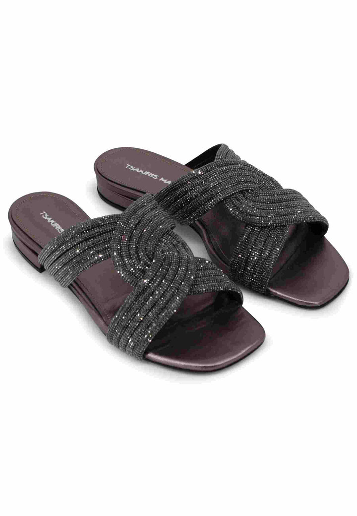 Sandali bassi donna in tessuto nero laminato TS605 001 Tsakiris Mallas 