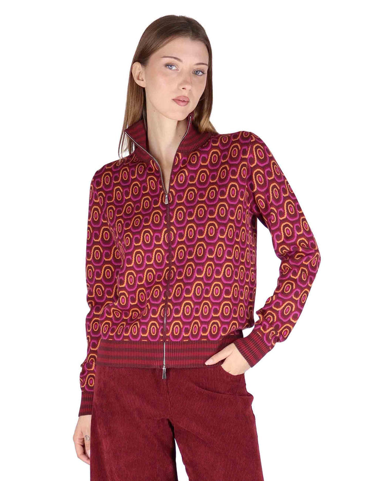 Cardigan donna Rolling Chain in tessuto stampato bordeaux con collo alto JN370378207 C4069 Maliparmi 