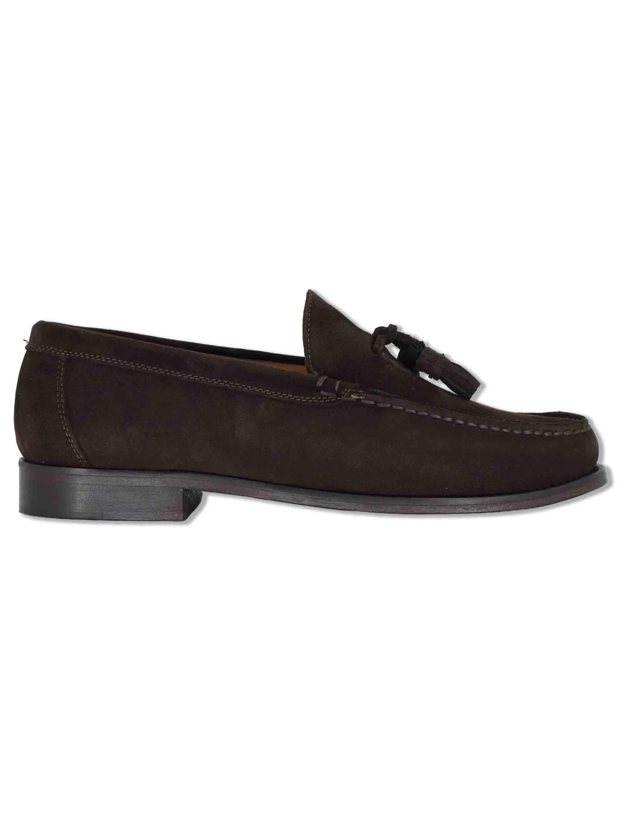 Mocassini uomo in camoscio marrone con nappine e suola in cuoio cucita SPSBG1020 014 Spatarella 