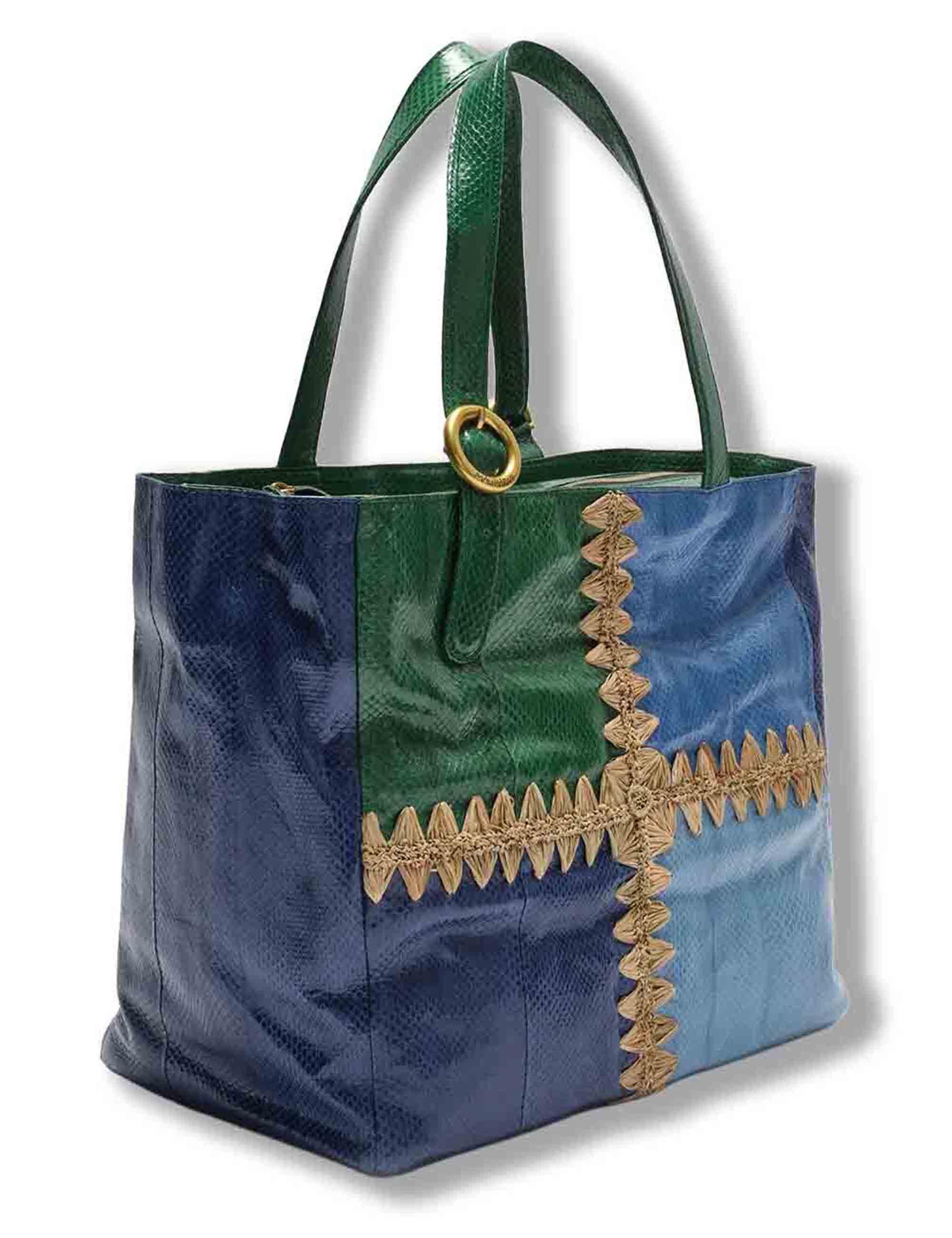 Borse donna Patchwork Thread in pelle azzurra con doppi manici BH030501563 A8188 Maliparmi 