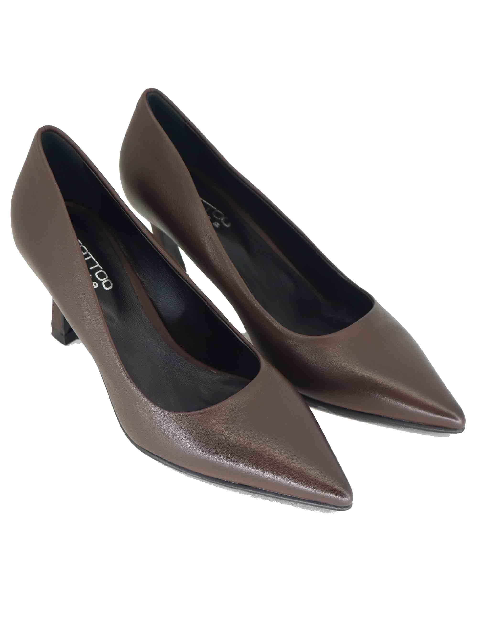 Decollete donna in pelle marrone con tacco alto e punta a punta A 74 014 Tattoo 