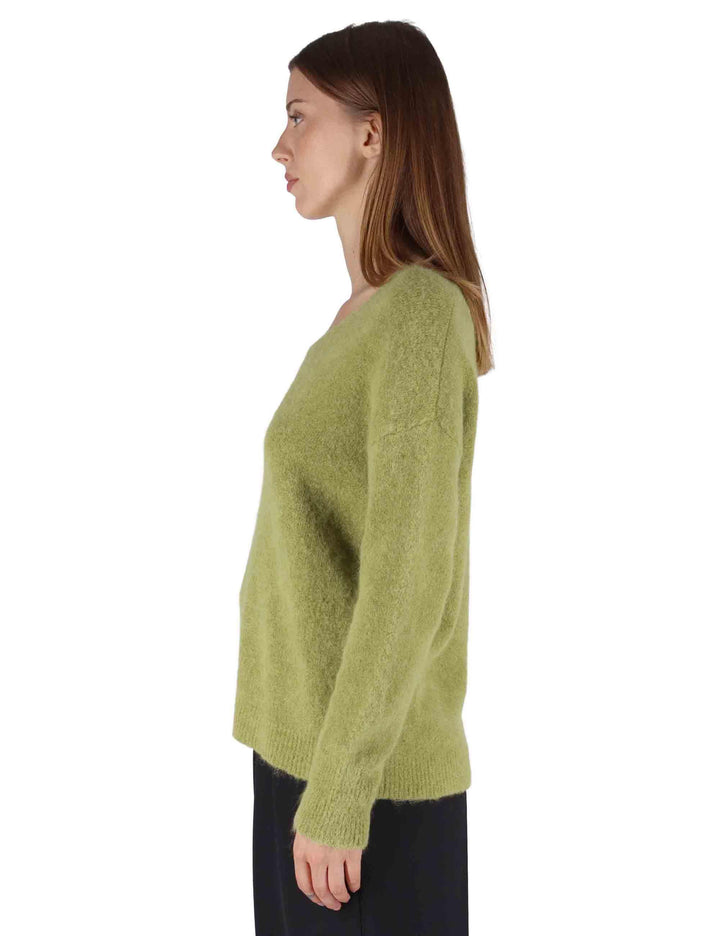 Maglioni donna in lana alpaca verde con ampio scollo a V JABMF0025-G074 7013 Justmine 