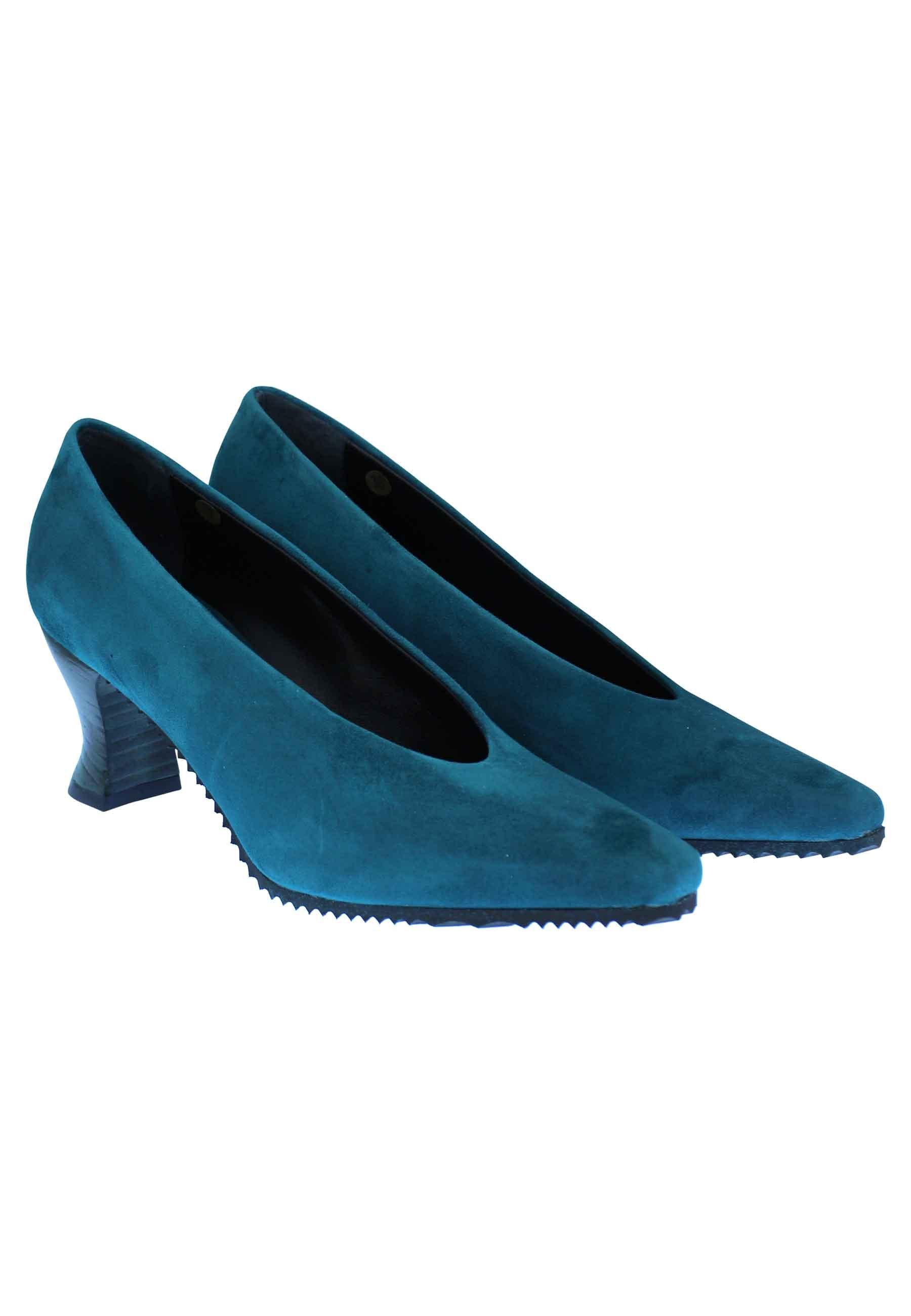 Decollete donna in camoscio petrolio punta quadra e tacco in cuoio SR11 032 Spatarella 