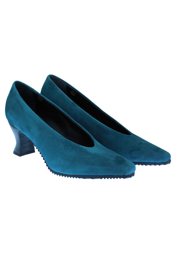 Decollete donna in camoscio petrolio punta quadra e tacco in cuoio SR11 032 Spatarella 