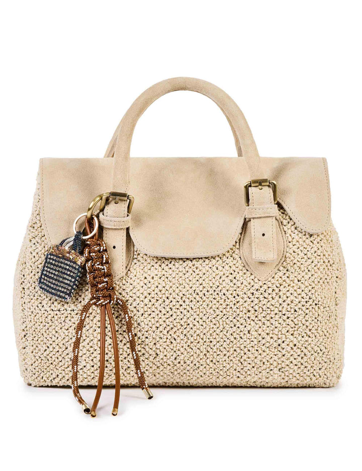 Borse donna in cotone boucle e camoscio beige con tracolla removibile SIENNA H04 Via Mail Bag 