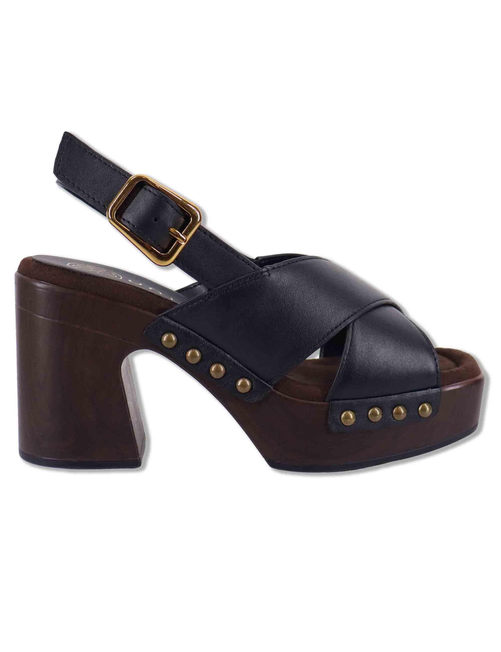 Sandali donna slingback in pelle nera con zeppa alta in legno OBRA GRA BLACK Unisa 