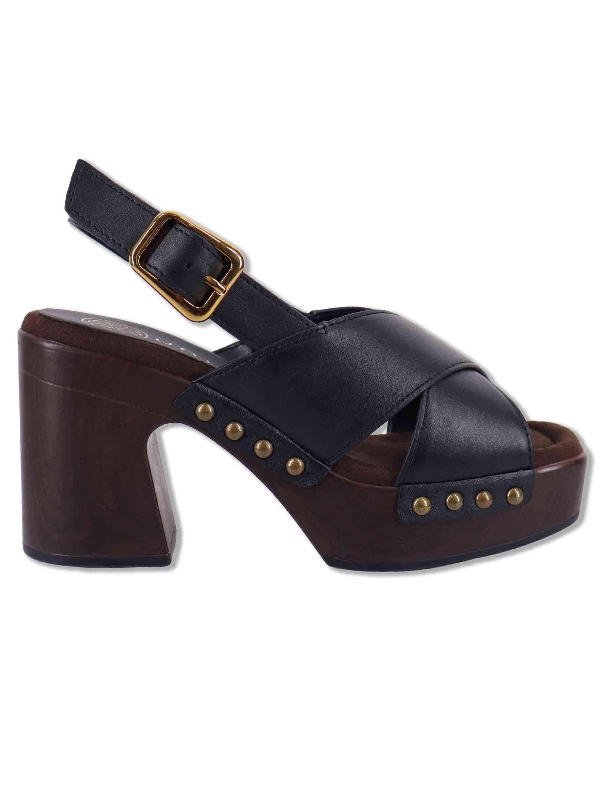 Sandali donna slingback in pelle nera con zeppa alta in legno OBRA GRA BLACK Unisa 