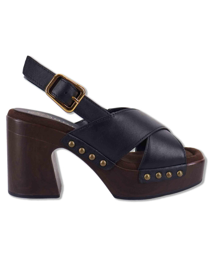 Sandali donna slingback in pelle nera con zeppa alta in legno OBRA GRA BLACK Unisa 