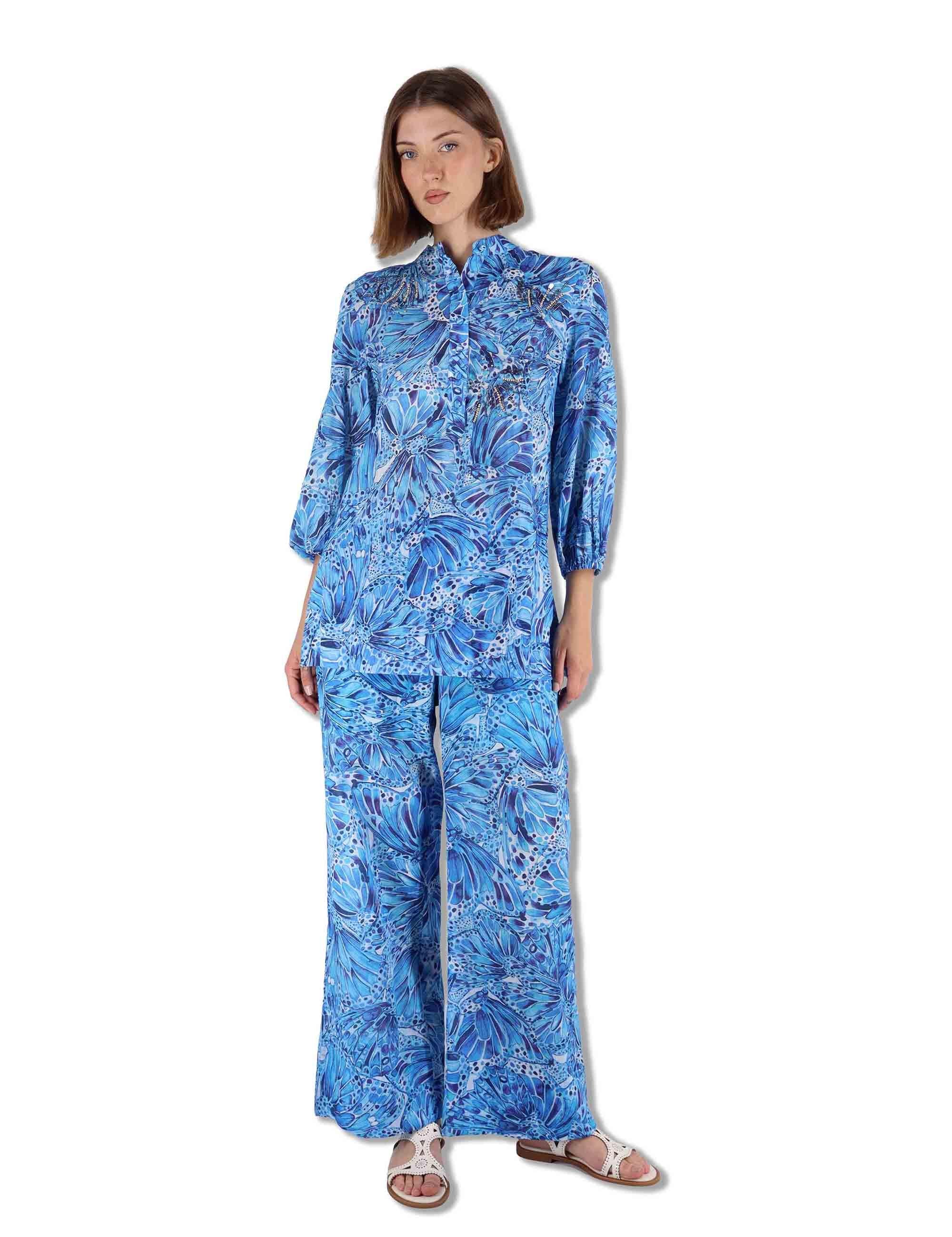 Camicie donna Sweet Butterfly in cotone stampato azzurro maniche 3/4 JM557415217 A8186 Maliparmi 