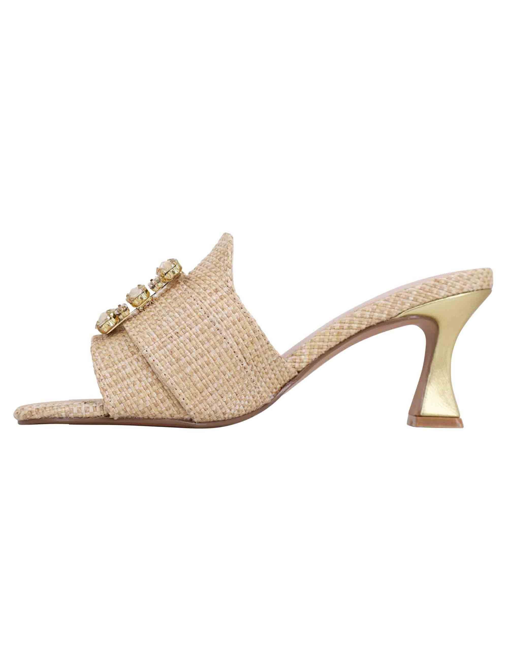 Sandali donna in tessuto rafia beige con morsetto e tacco oro S470056344A3 LUCIA 536 Exe 