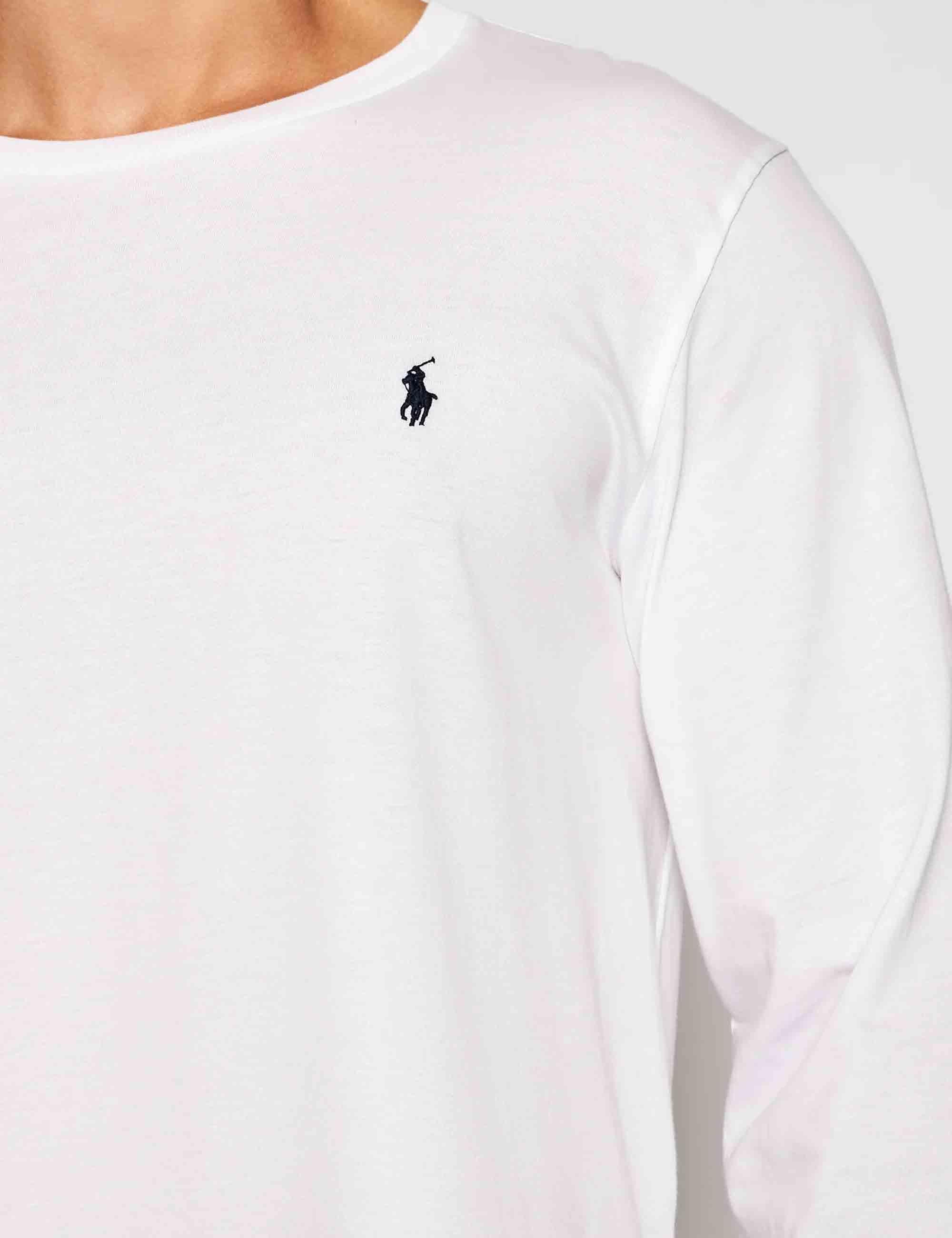 T-shirt uomo Crew in cotone bianco con logo ricamato e maniche lunghe 714844759004 WHITE Polo Ralph Lauren 