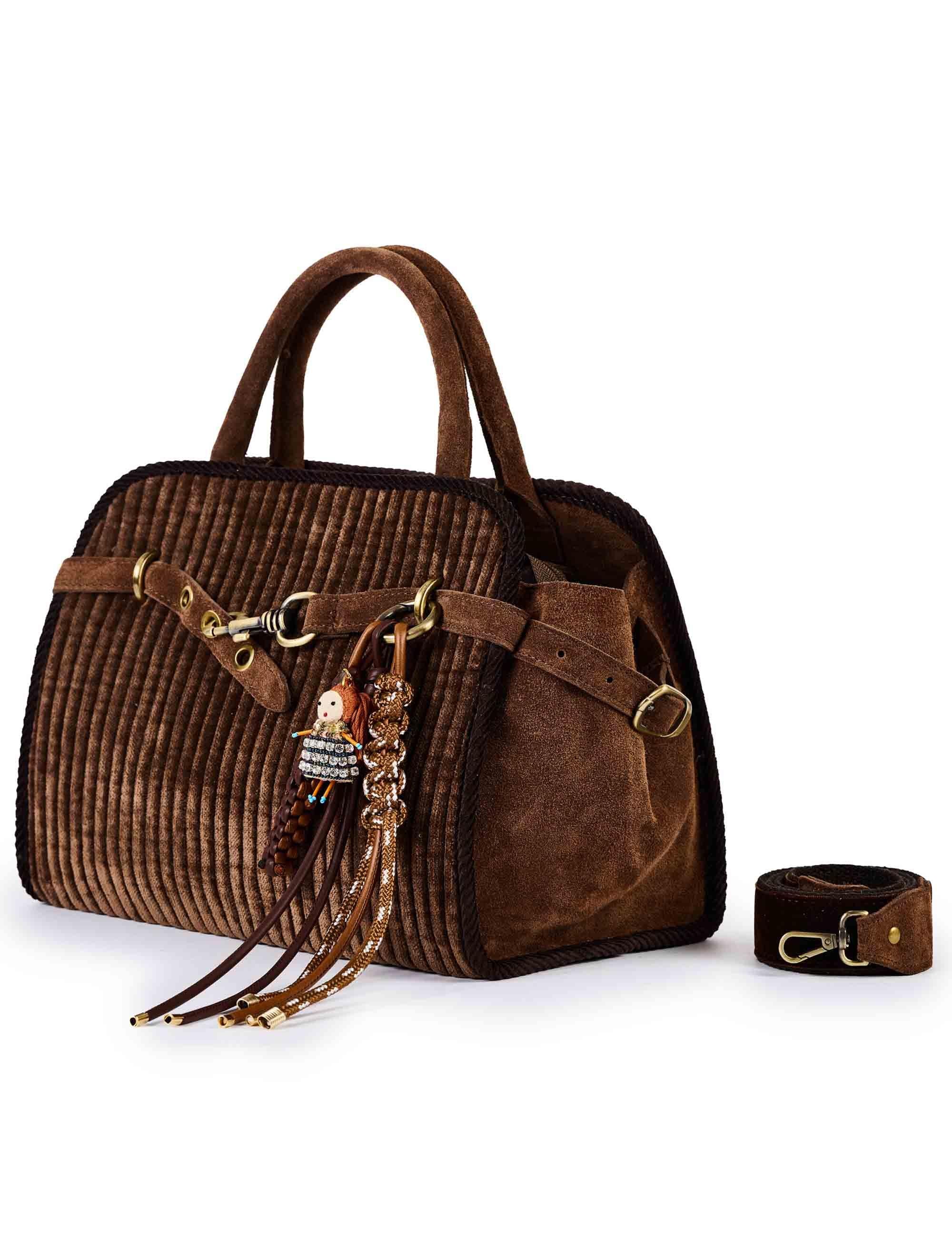 Borse donna in velluto marrone con charms doppi manici e tracolla APRIL E01 Via Mail Bag 