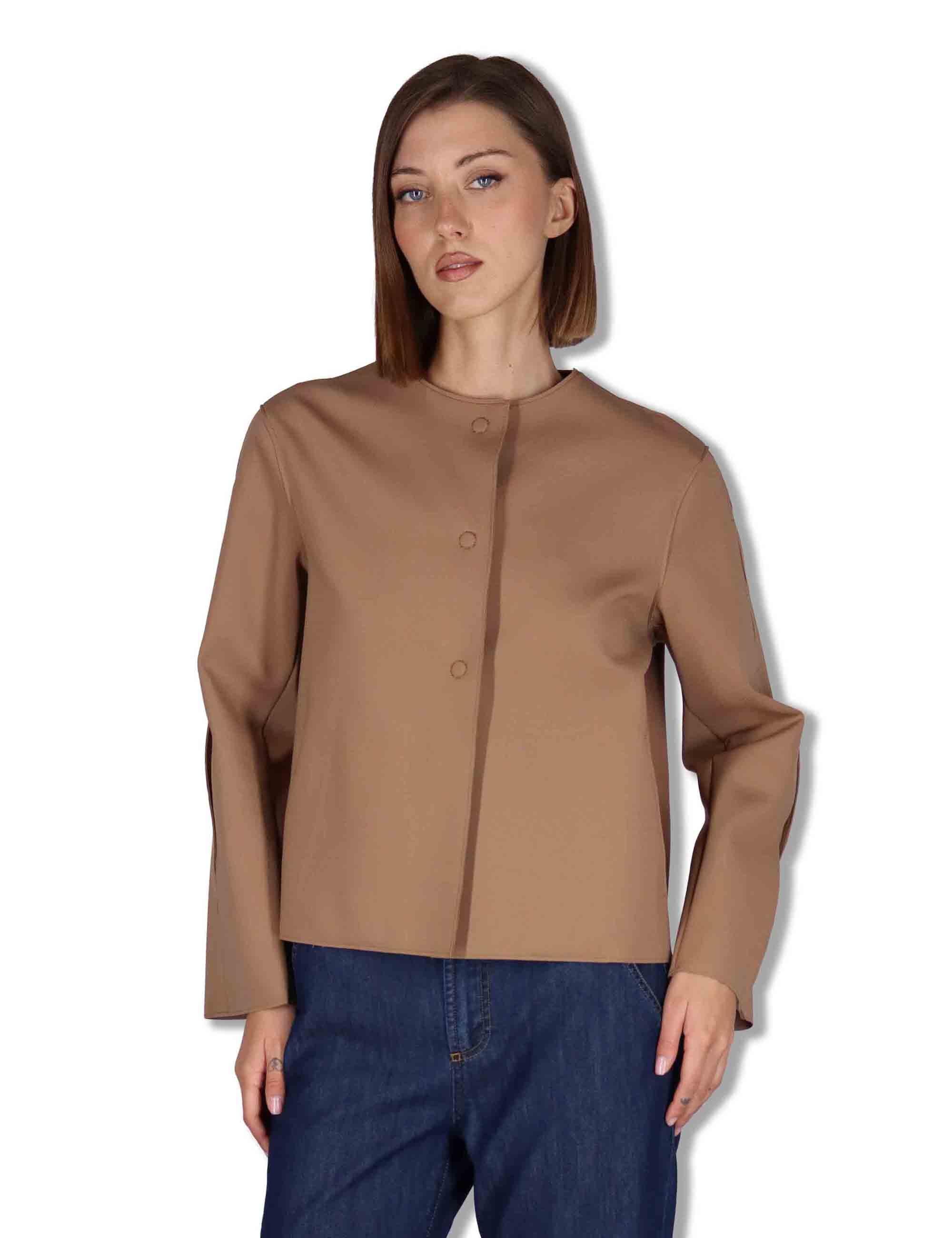 Giubbini donna in tessuto stretch marrone con bottoni a scomparsa 50260008 045 Ewooluzione 