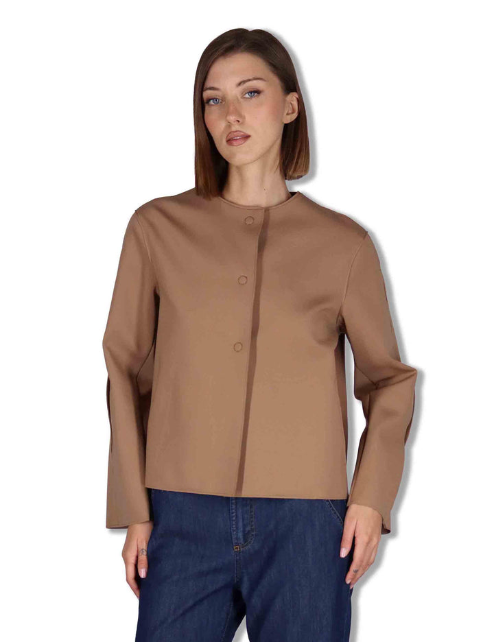 Giubbini donna in tessuto stretch marrone con bottoni a scomparsa 50260008 045 Ewooluzione 