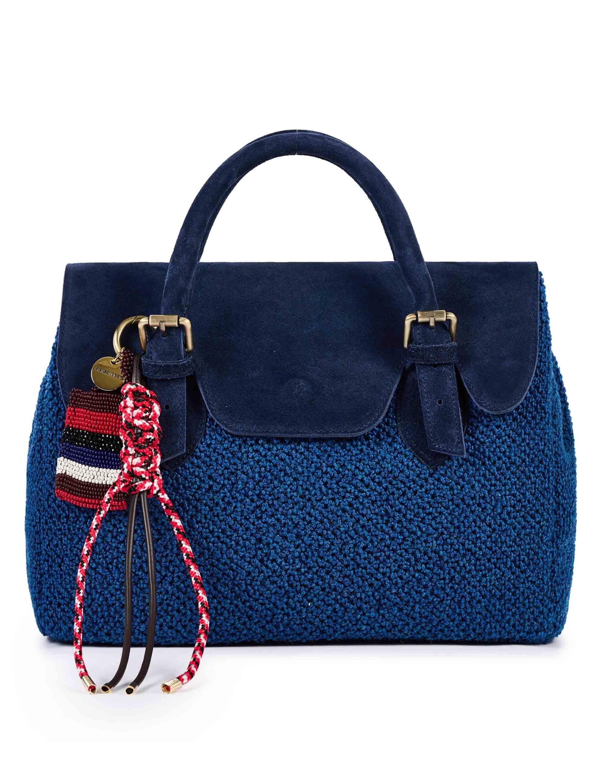 Borse donna in cotone boucle e camoscio blu con tracolla removibile SIENNA H05 Via Mail Bag 