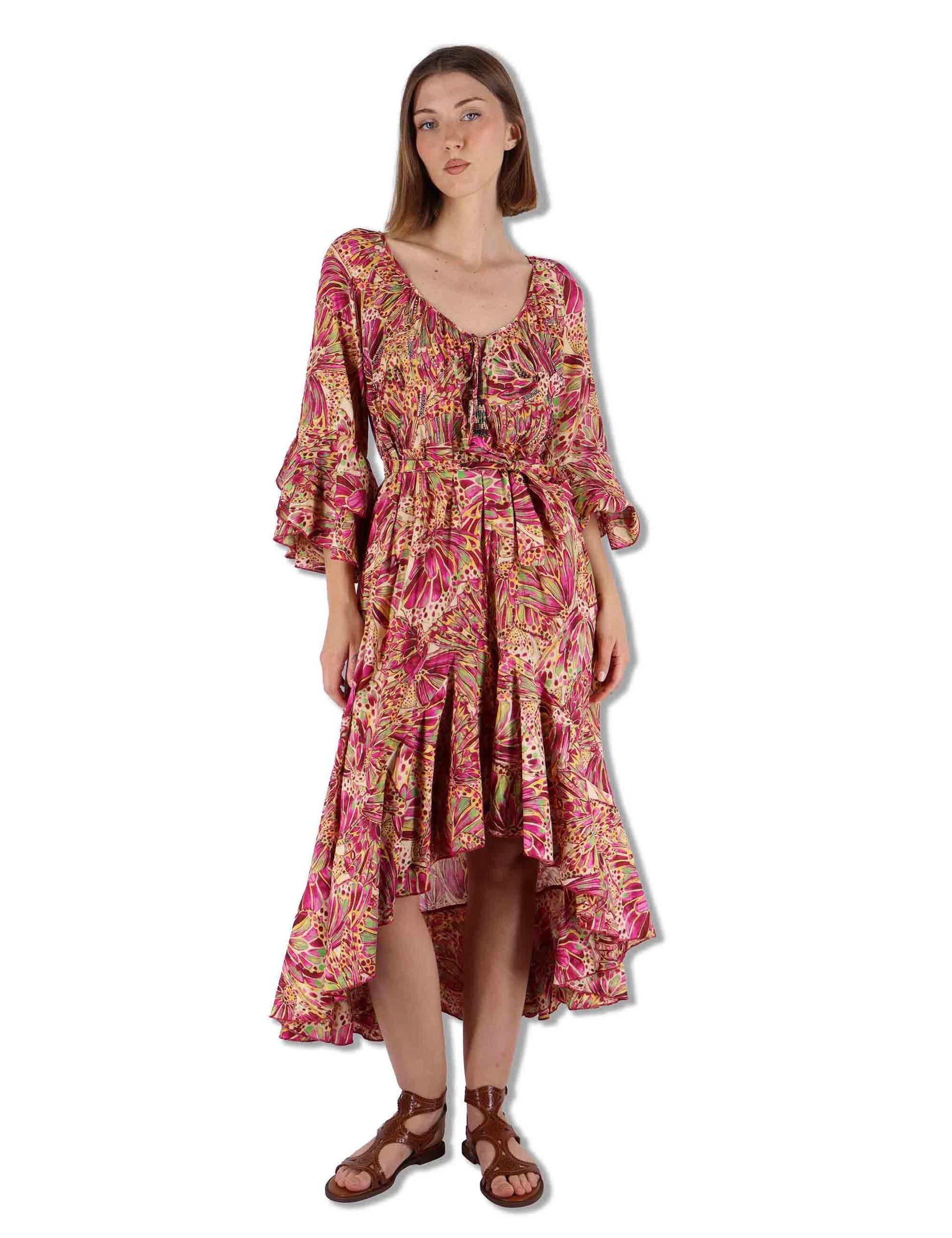 Abiti midi donna Sweet Butterfly in cotone giallo stampato con rouches JF669515217 B7008 Maliparmi 