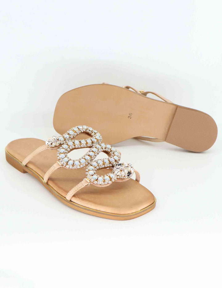 Sandali bassi donna in pelle beige con strass U4100543175D 543 Tsakiris Mallas 