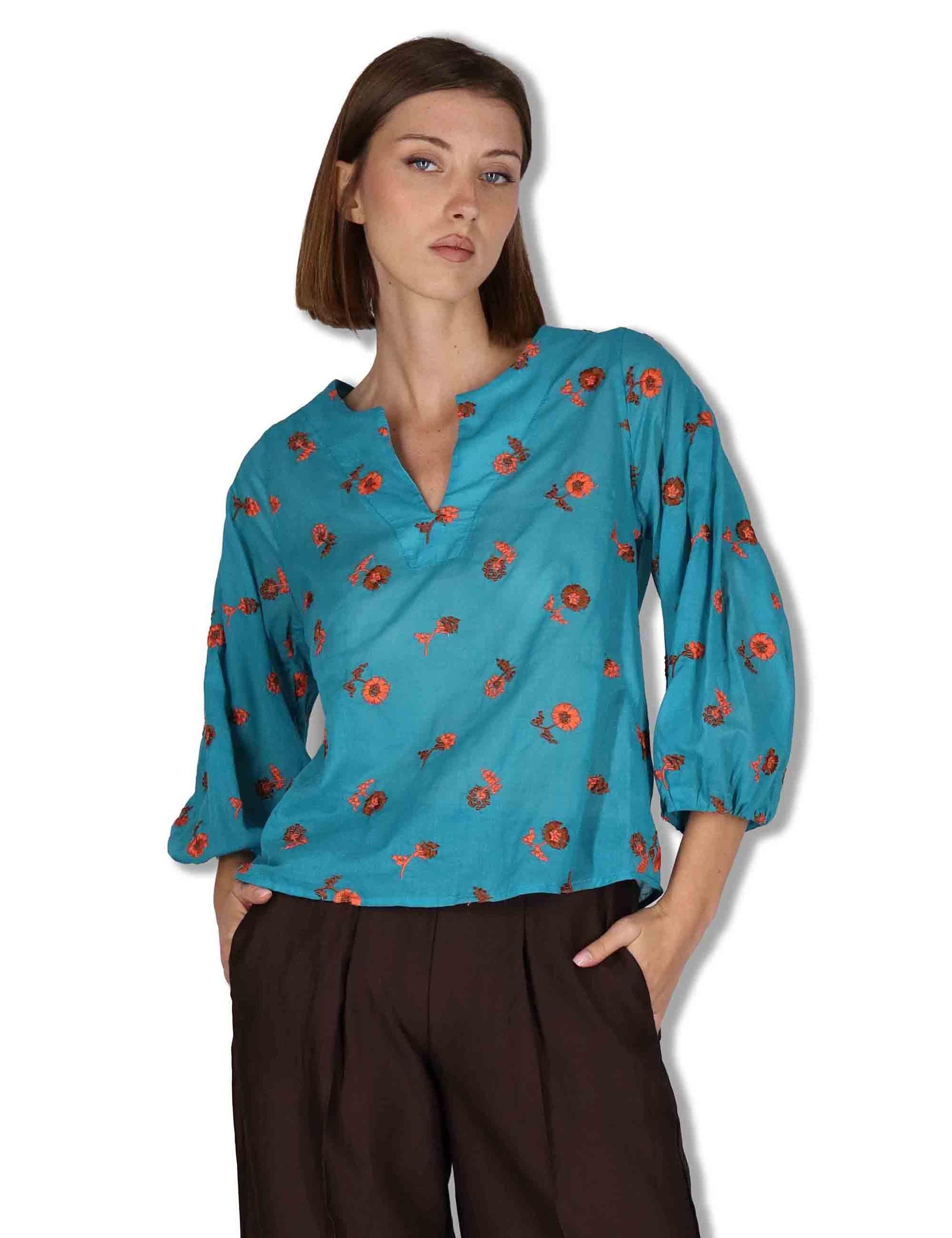 Camicie donna in cotone turchese con ricami florali e maniche a 3/4 JABCM0001-F1509-1231 6005 Justmine 