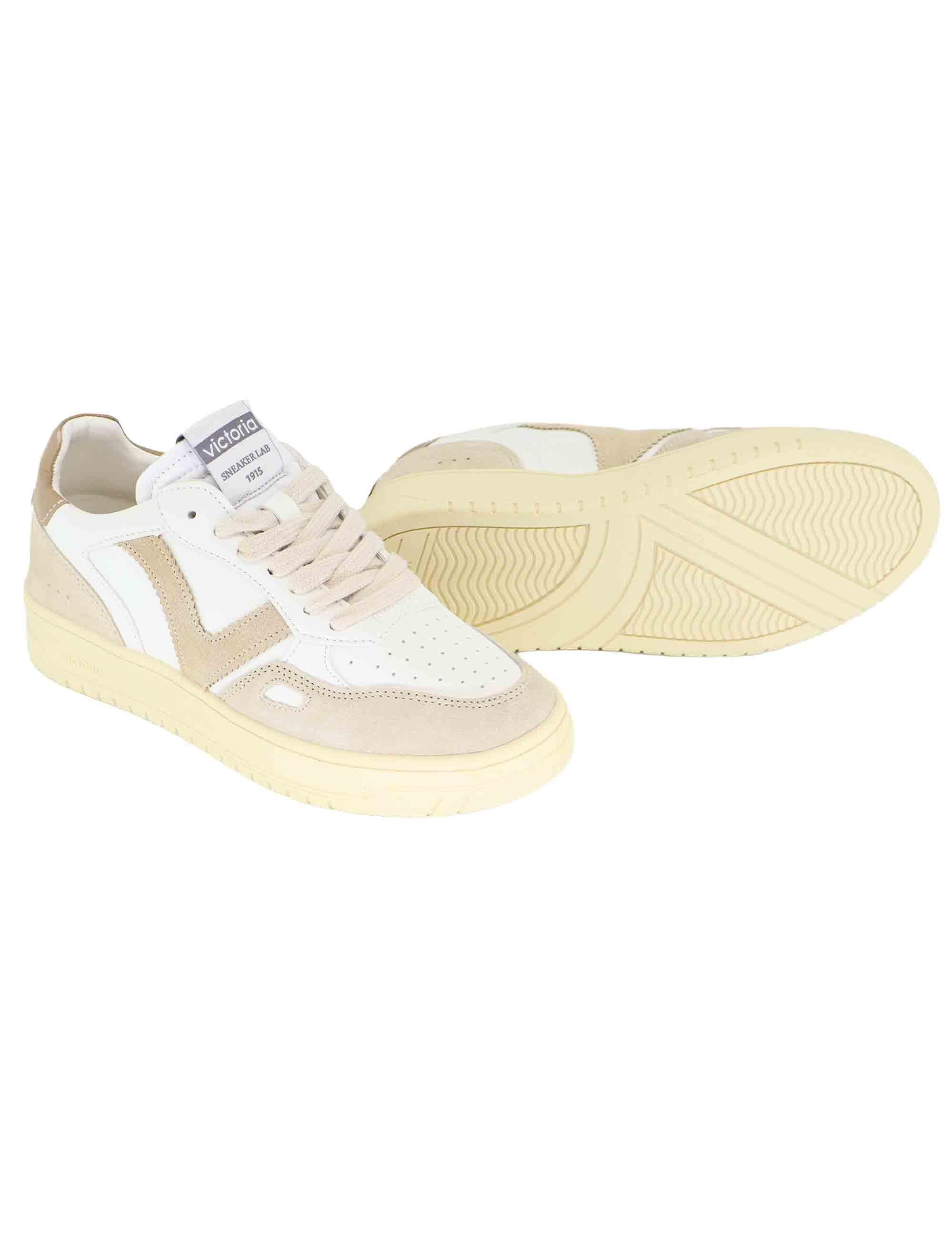 Sneakers donna in pelle bianca e camoscio beige 1257136 Beige Victoria 