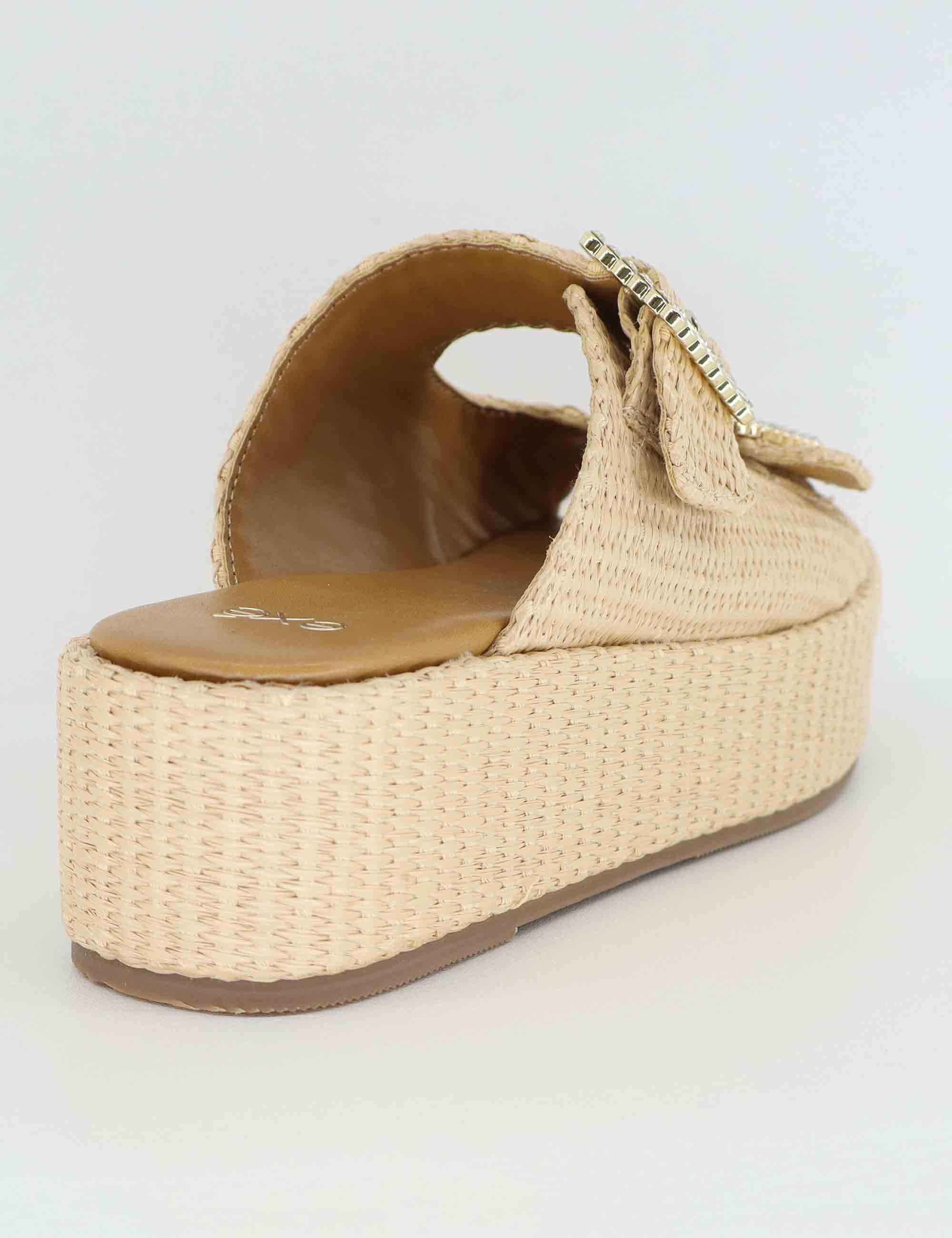 Sandali donna in rafia beige con zeppa e fibbe laterali U47002523284 3166-0 Exe 