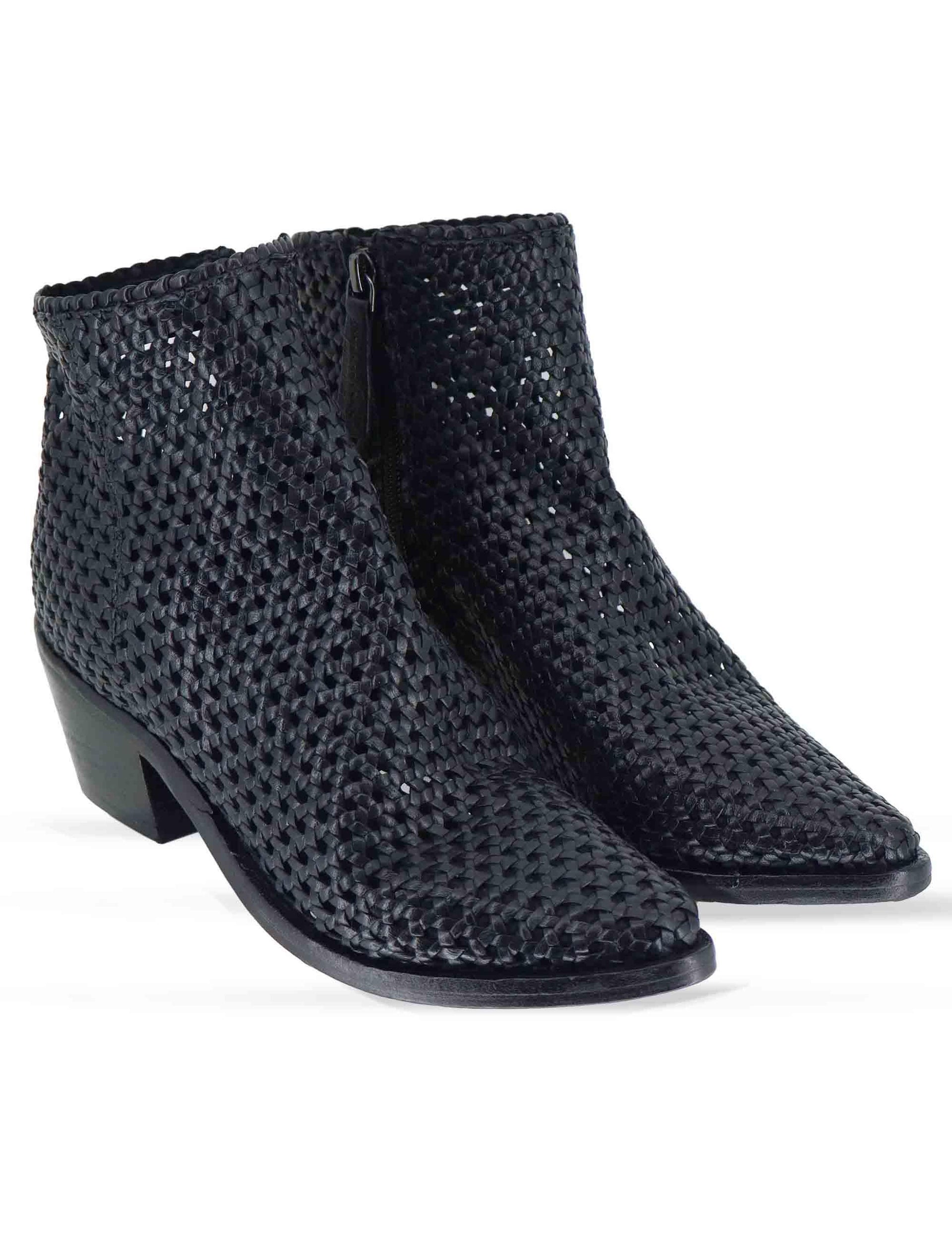 Stivaletti donna in pelle intrecciata nera con tacco messicano 261-303-19 BLACK Zolfo 
