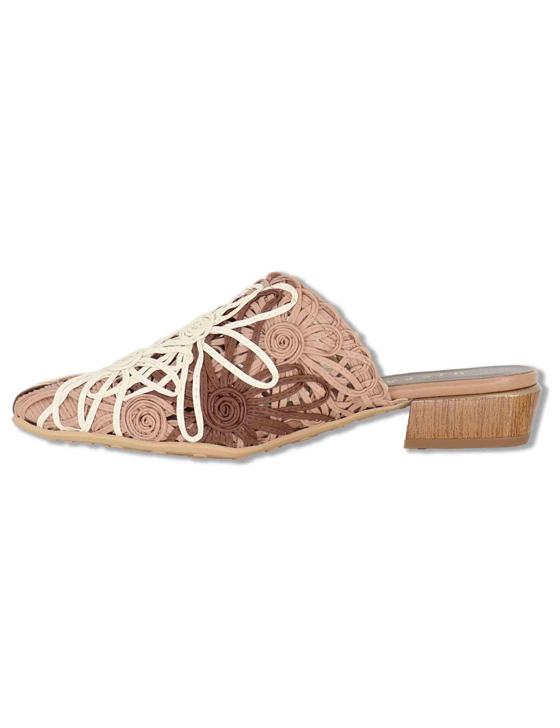 Mule donna in pelle marrone e naturale ricamato con tacco basso HV264840 NATURALES Hispanitas 