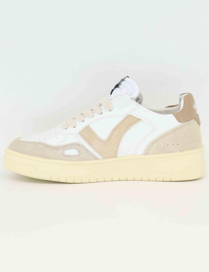 Sneakers donna in pelle bianca e camoscio beige 1257136 Beige Victoria 