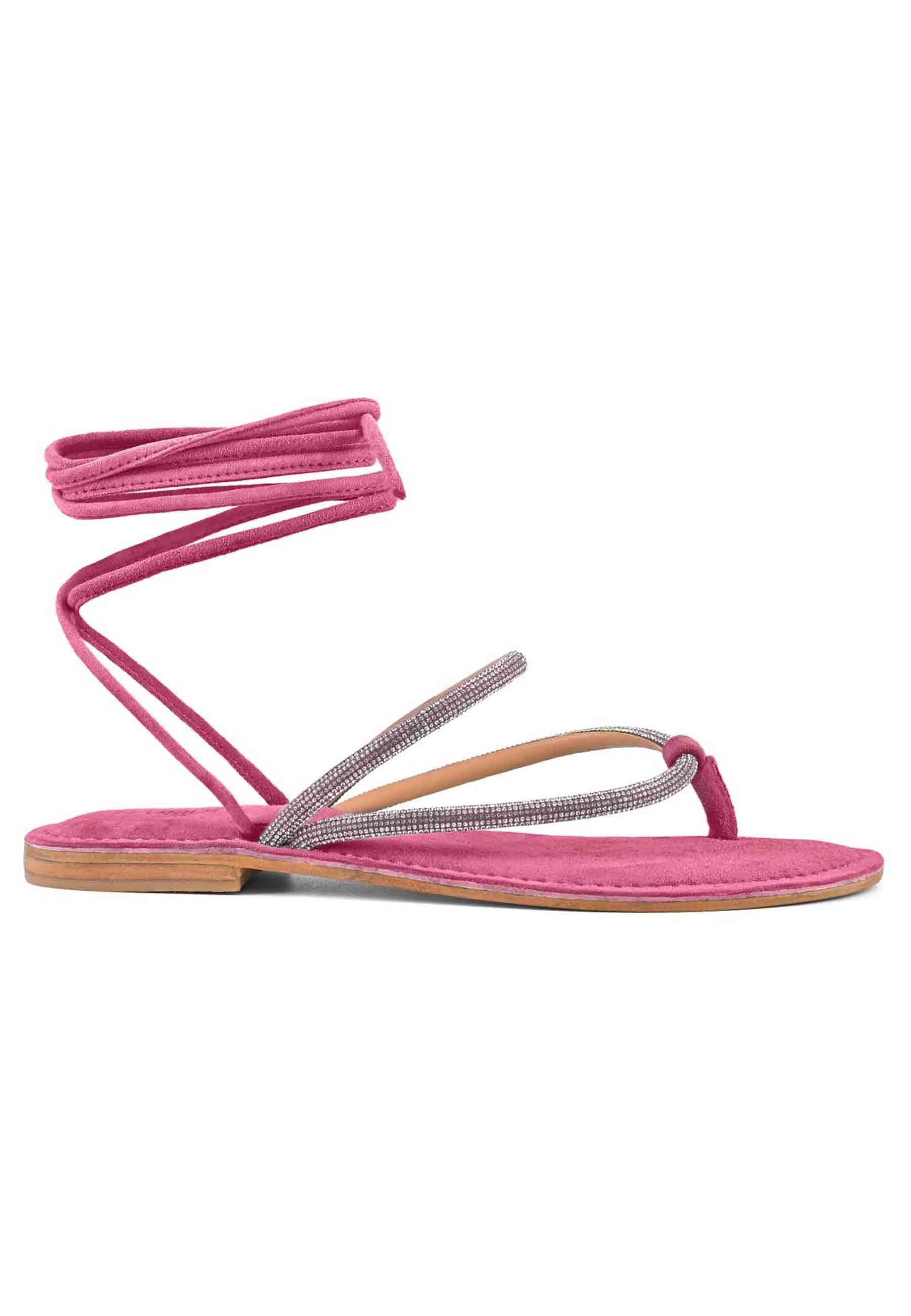 Sandali flat donna infradito in camoscio fuxia con strass e lacci alla caviglia 223019 FUX Coral Blue 