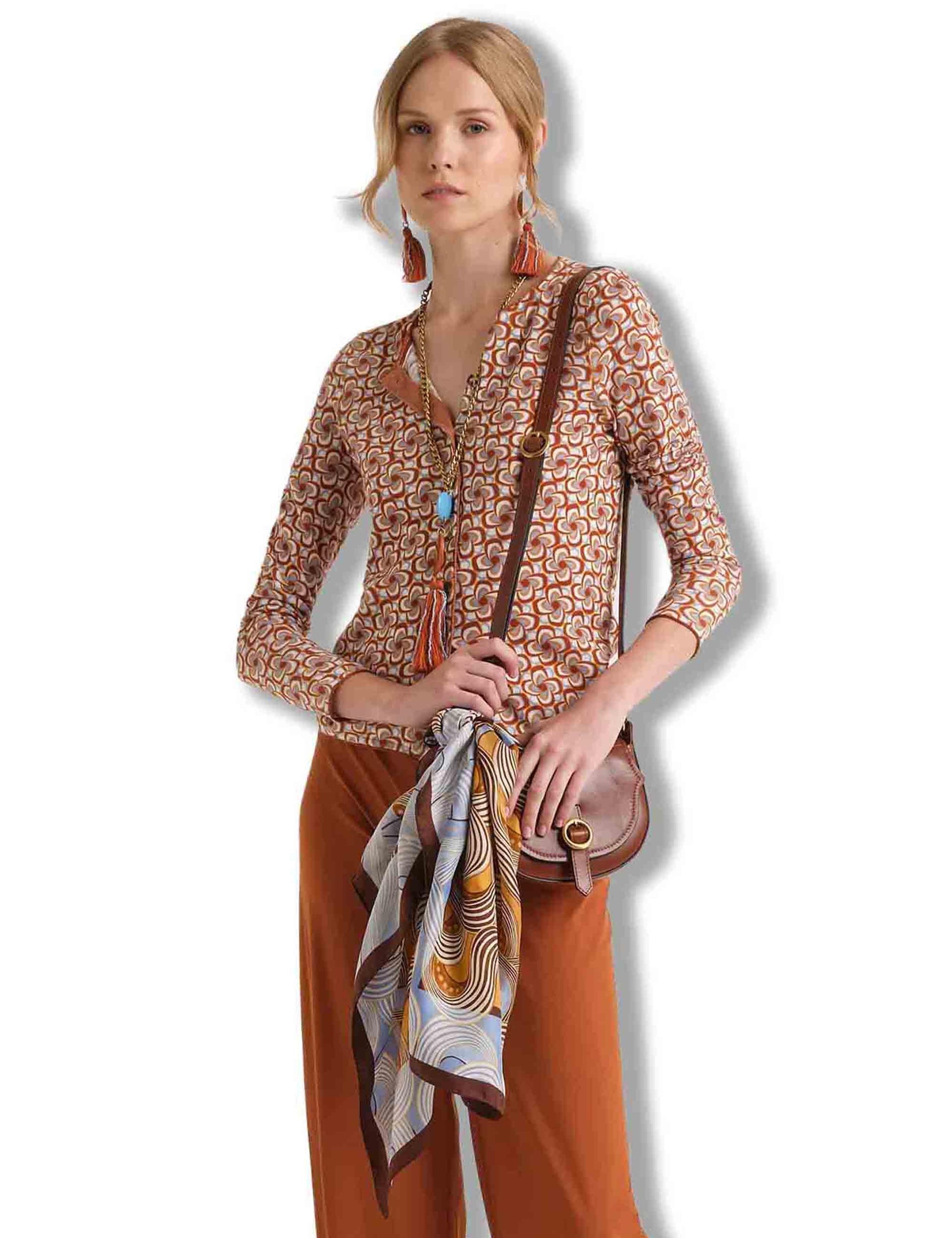 Cardigan donna Cotton Printed in cotone marrone stampato a fantasia JN359978215 A4156 Maliparmi 