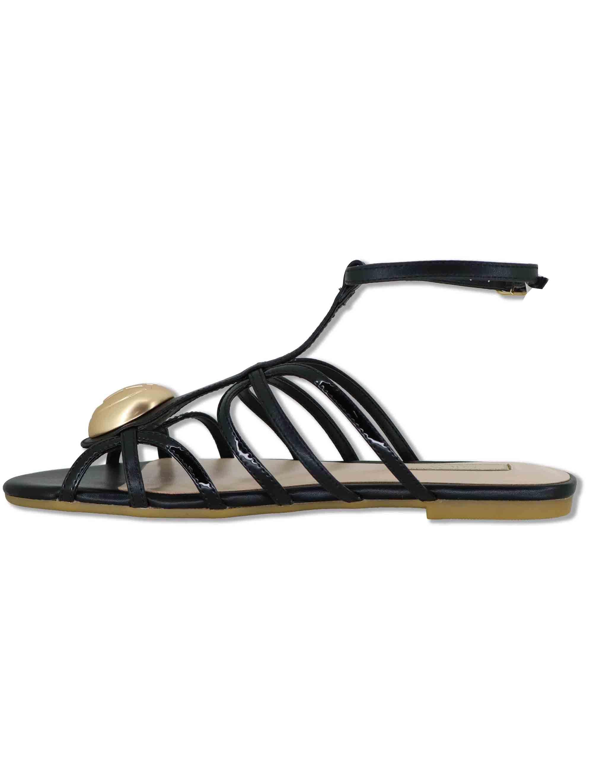 Sandali bassi donna in pelle nera con fascette e cinturino alla caviglia SANDY 02 BLACK Liu-Jo 