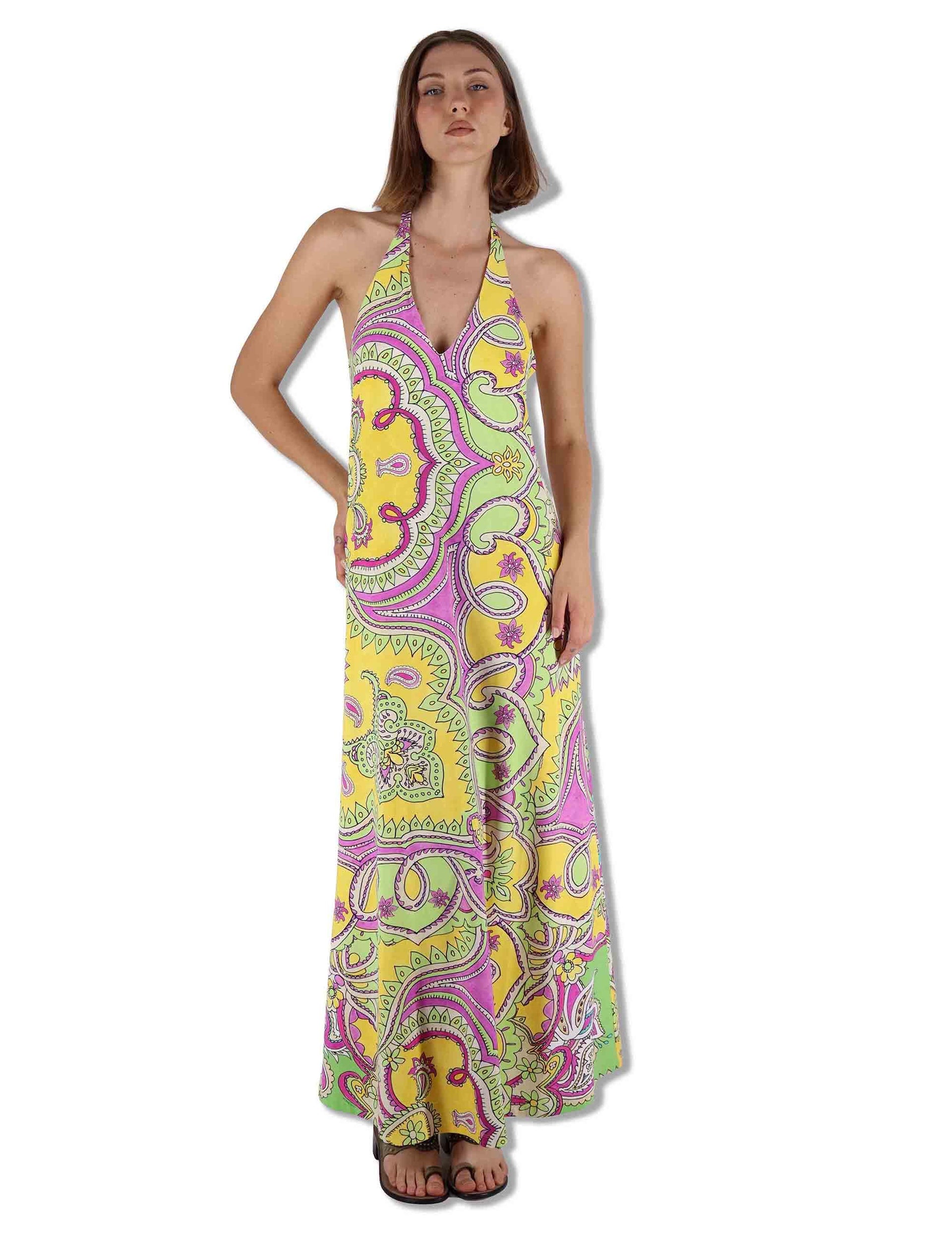 Abiti donna Hippie Lotus in tessuto stampato verde e blu senza maniche JF671170671 D6084 Maliparmi 