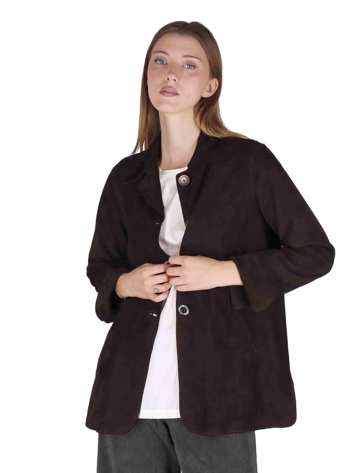 Giacche donna in camoscio marrone con bottoni gioiello SP2427 015 Spatarella 