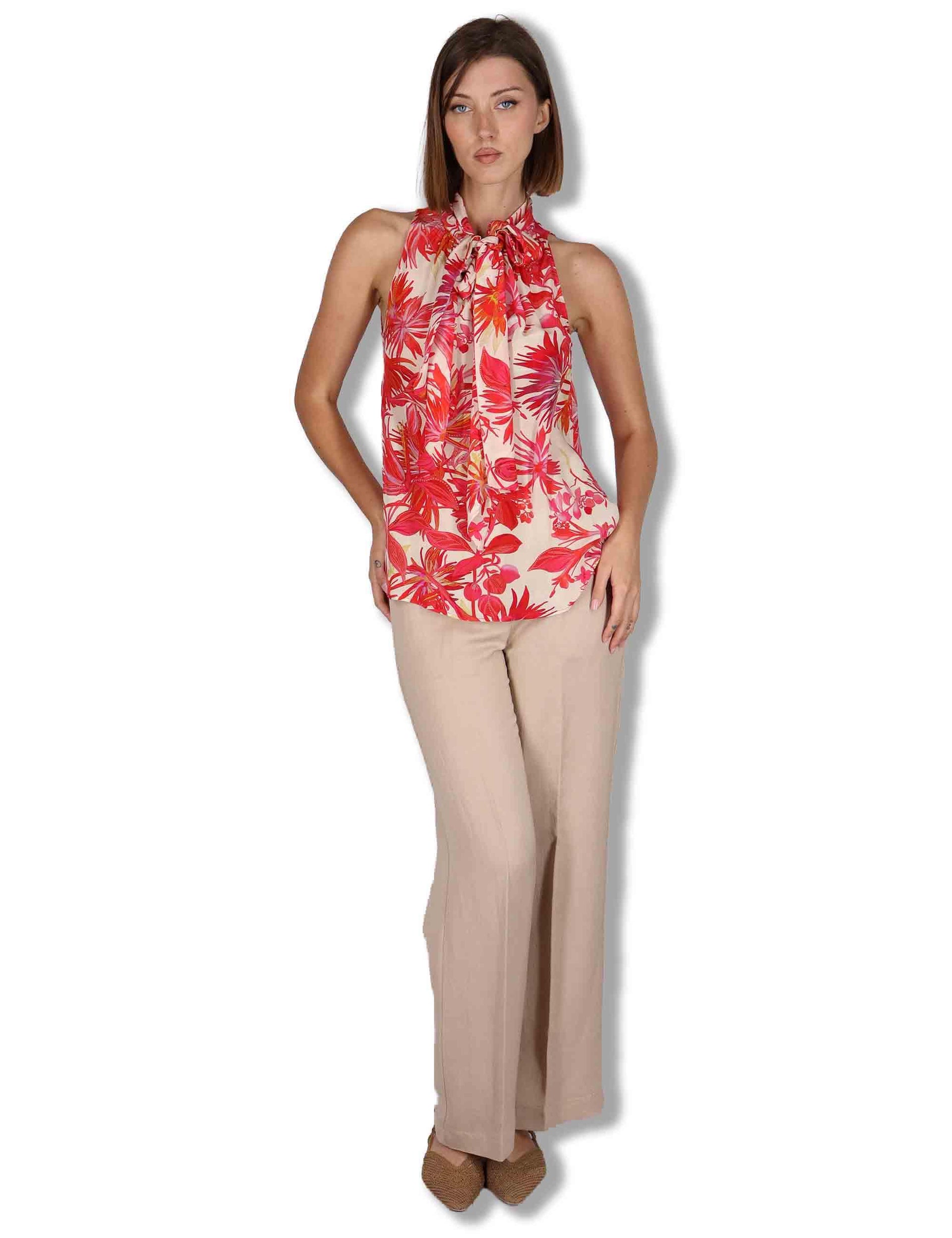 Top donna Botanic Jungle in viscosa rossa floreale con fusciacca JP555850663 B3039 Maliparmi 