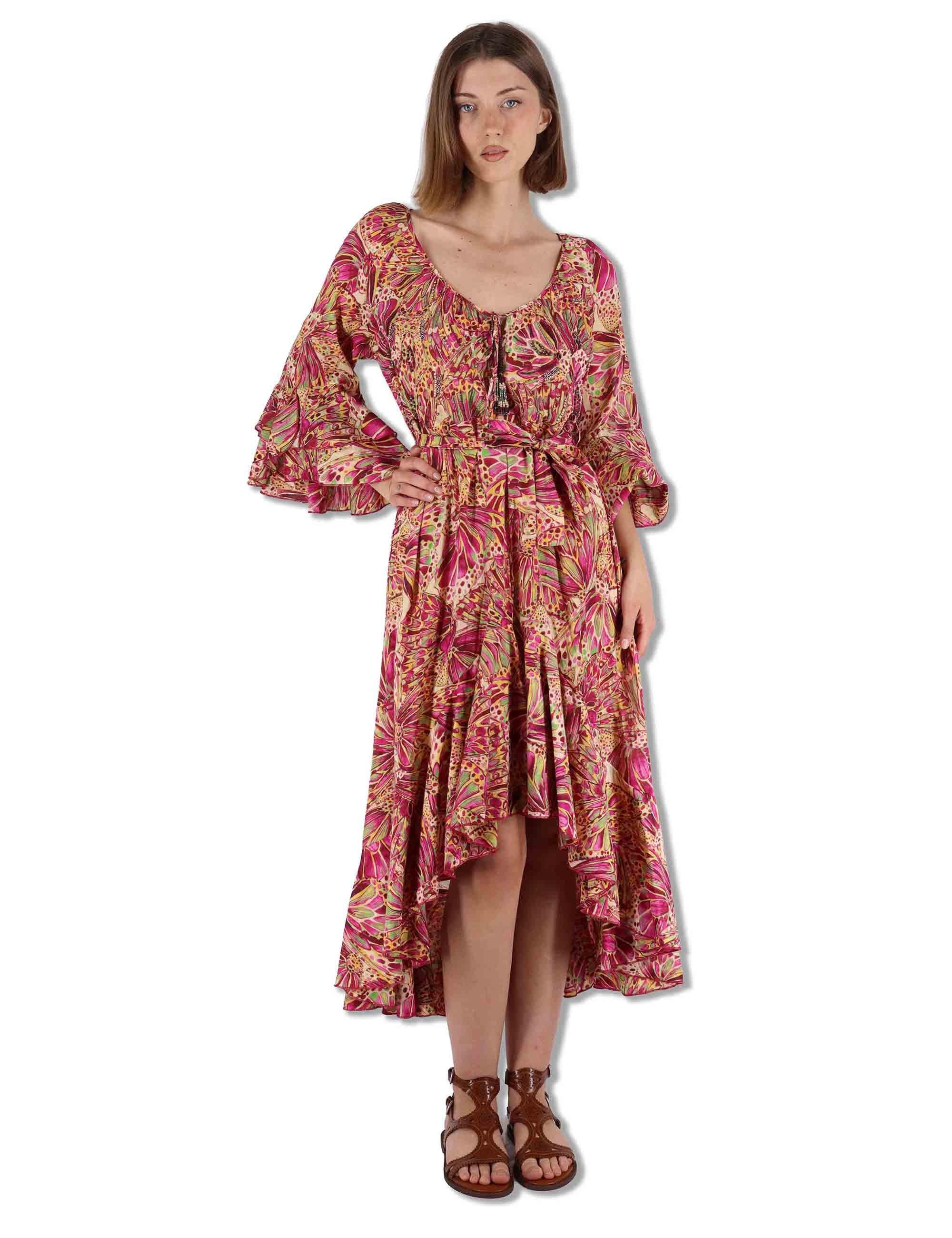 Abiti midi donna Sweet Butterfly in cotone giallo stampato con rouches JF669515217 B7008 Maliparmi 