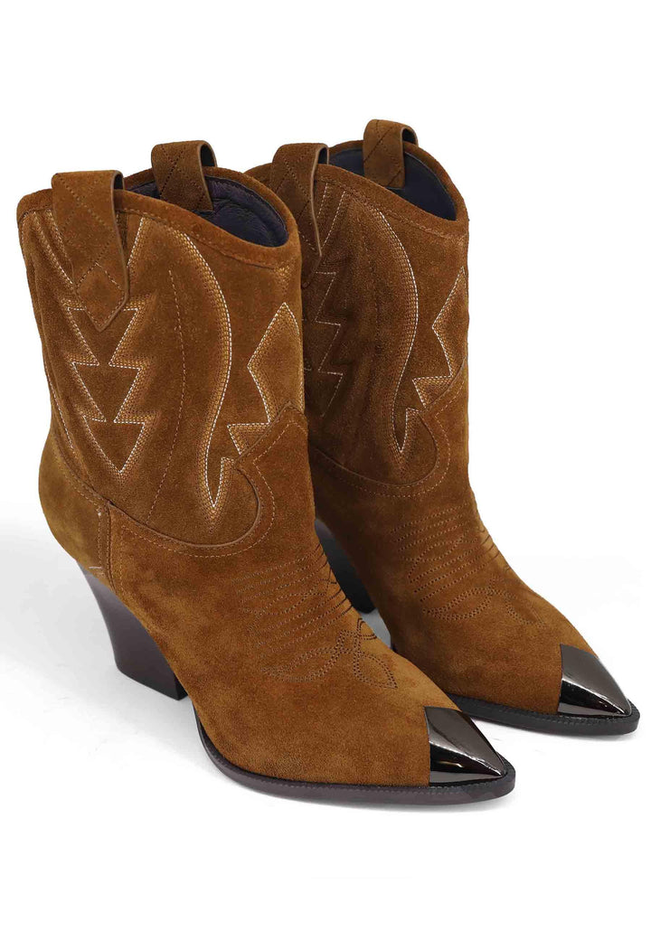 Stivaletti texani donna in camoscio cuoio con cuciture in contrasto e puntale in acciaio Gambels 293T60BK 014 Lola Cruz 