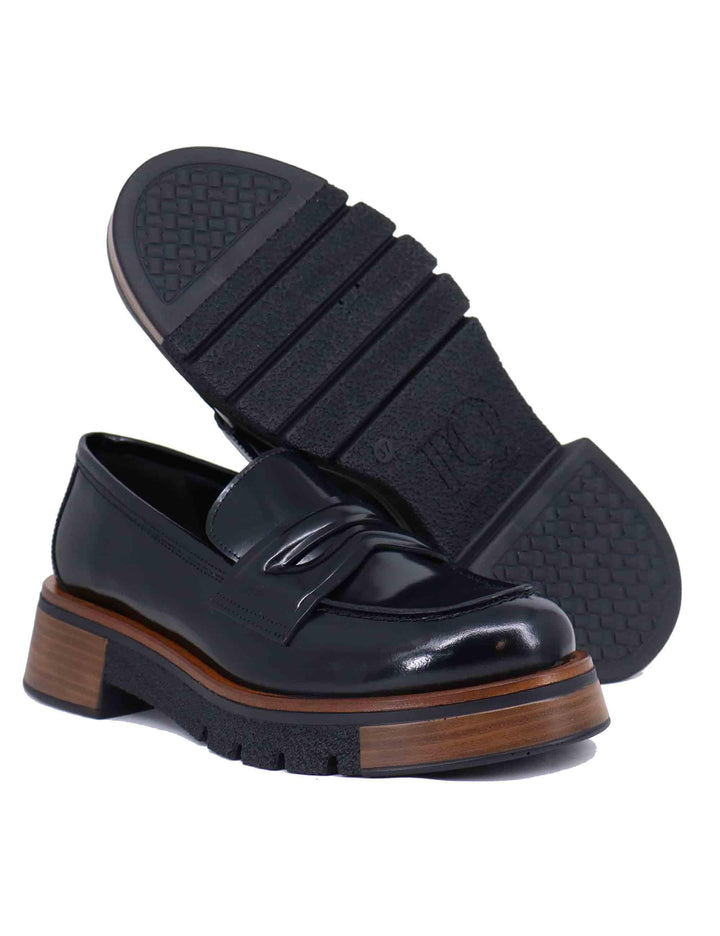 Mocassini donna in pelle nera con tacco in cuoio 10993.018 0973 Pons Quintana 