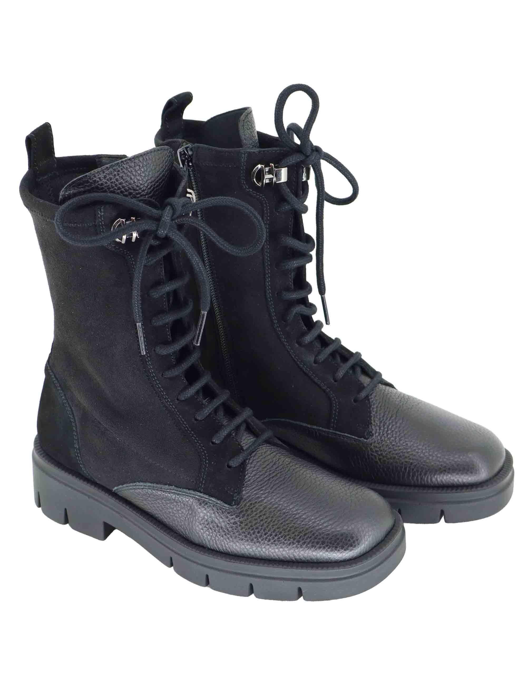 Stivaletti anfibi donna in pelle e tessuto nero con suola carrarmato HI254234 C012 Hispanitas 