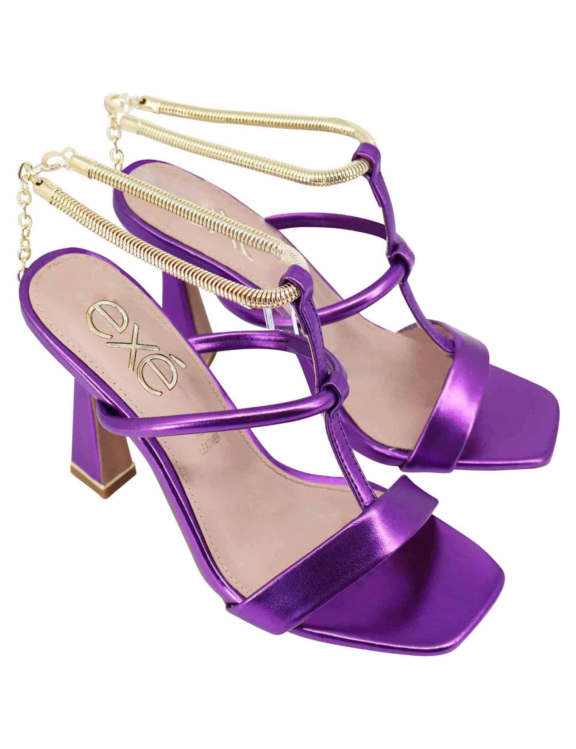Sandali donna in eco pelle viola con tacco alto e cavigliera morbida in oro S470025457C6 245 Exe 