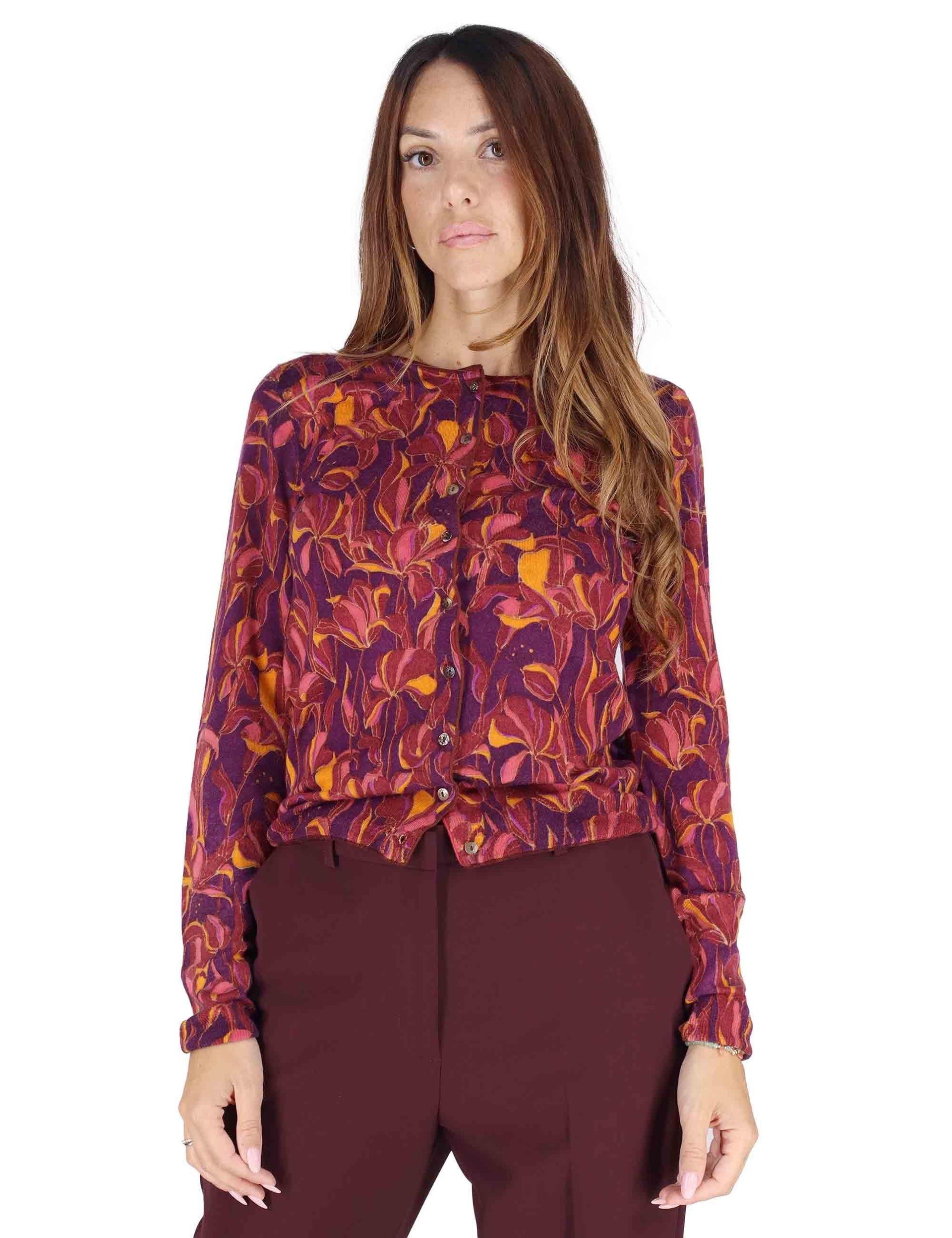 Cardigan donna Printed Knit in lana bordeaux a fantasia JN355178200 A3359 Maliparmi 