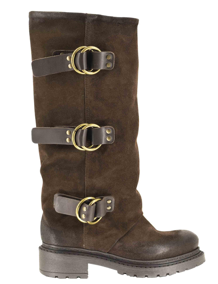 Stivali anfibi donna in camoscio marrone ingrassato con fibbie laterali SPMA2460 014 Spatarella 