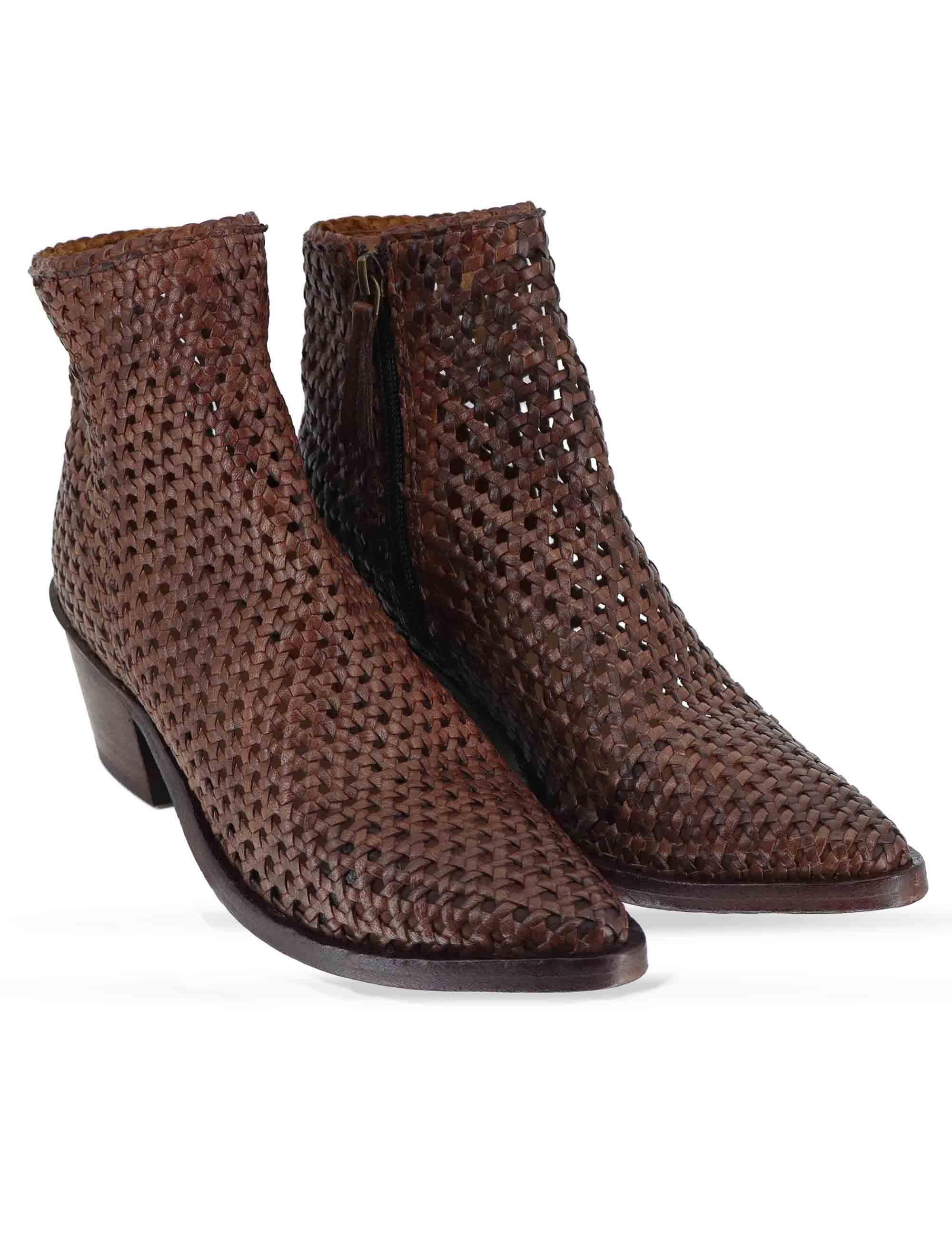Stivaletti donna in pelle intrecciata cuoio con tacco messicano 261-303-19 BROWN Zolfo 