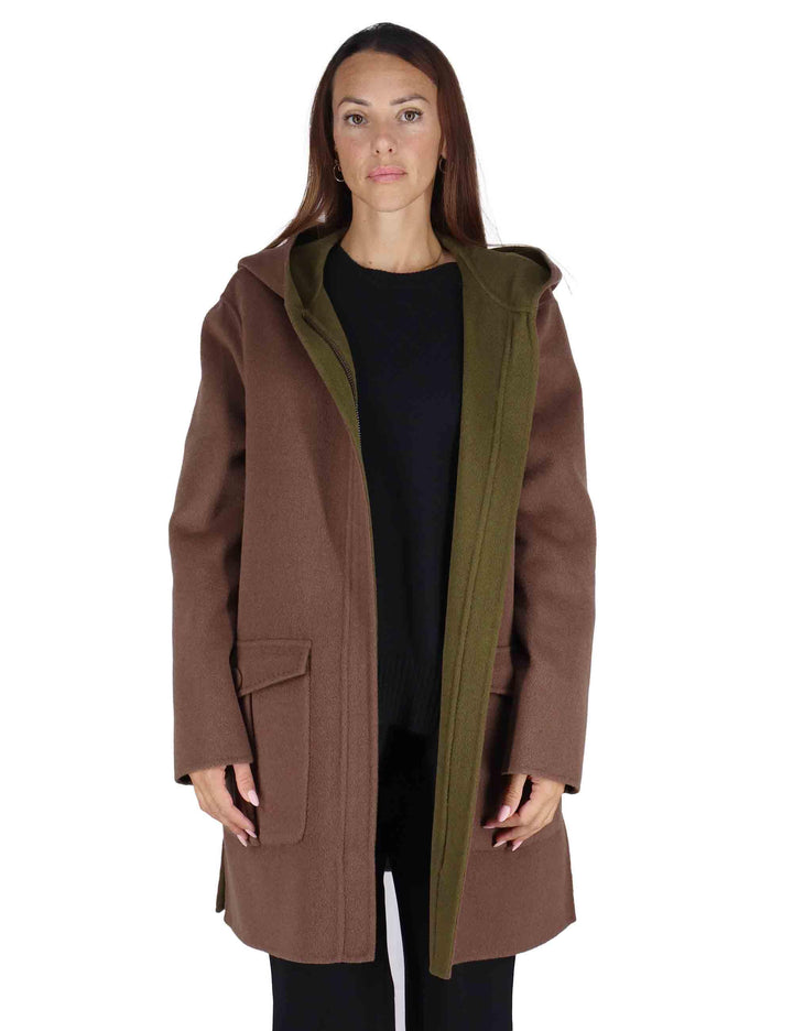 Giacconi donna Double Wool reversibili in lana marrone con cappuccio JA534020276 40B60 Maliparmi 