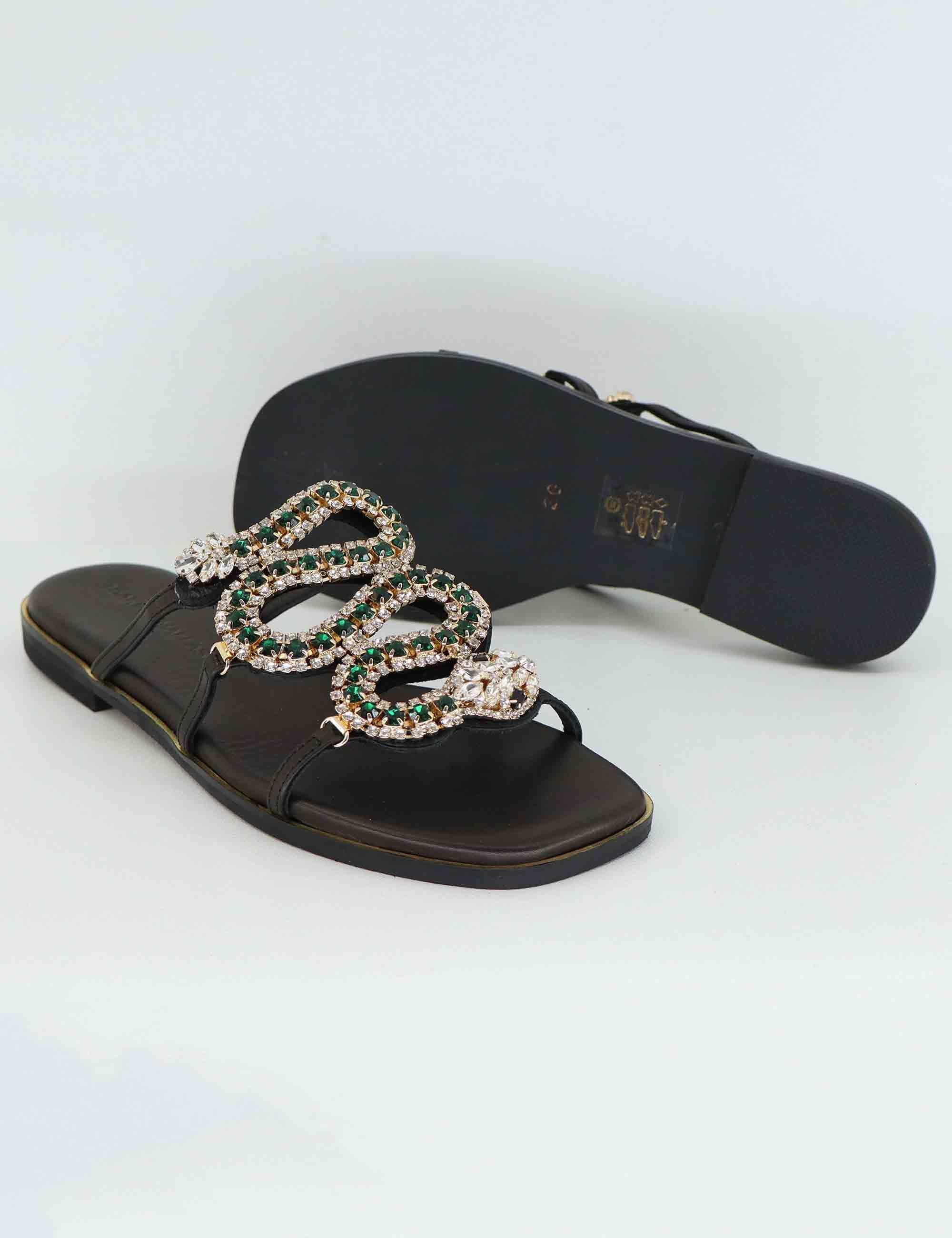 Sandali bassi donna in pelle nera con strass U41005431Z35 543 Tsakiris Mallas 