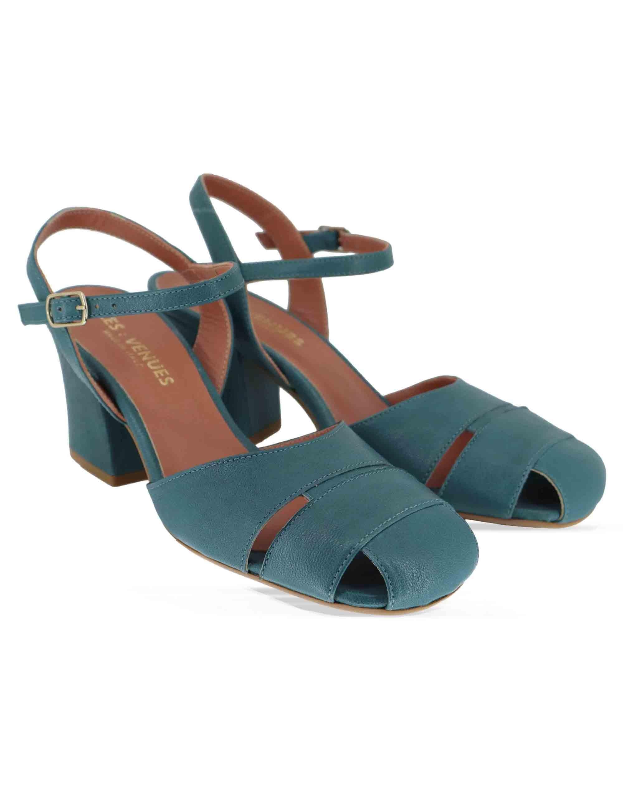 Sandali donna in pelle petrolio con tacco medio e cinturino alla caviglia 5145P 088 Les Venues 
