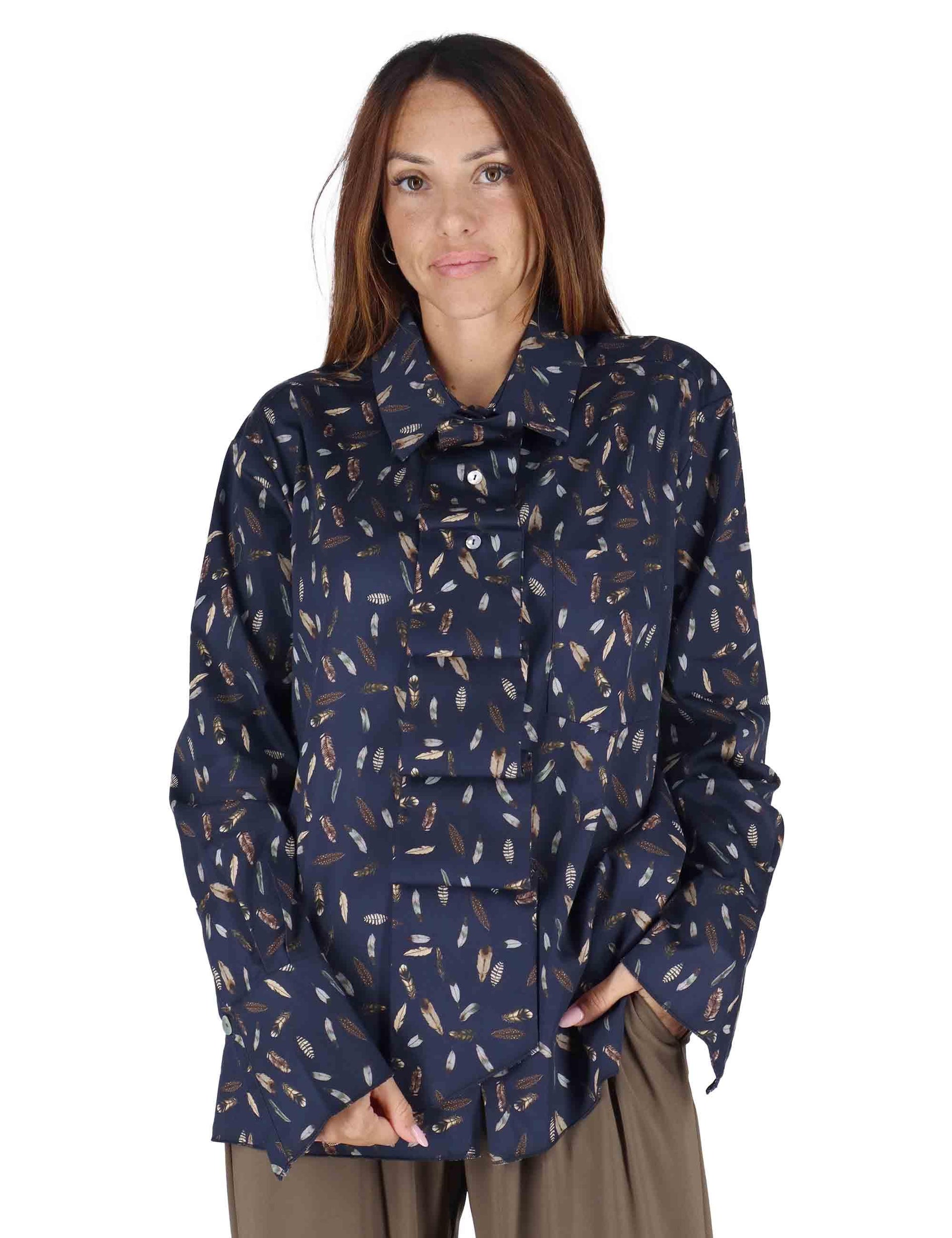 Camicie donna in cotone blu a fantasia con rouches 3W25-CANNA PIUMA NIGHT TreBarraBi 