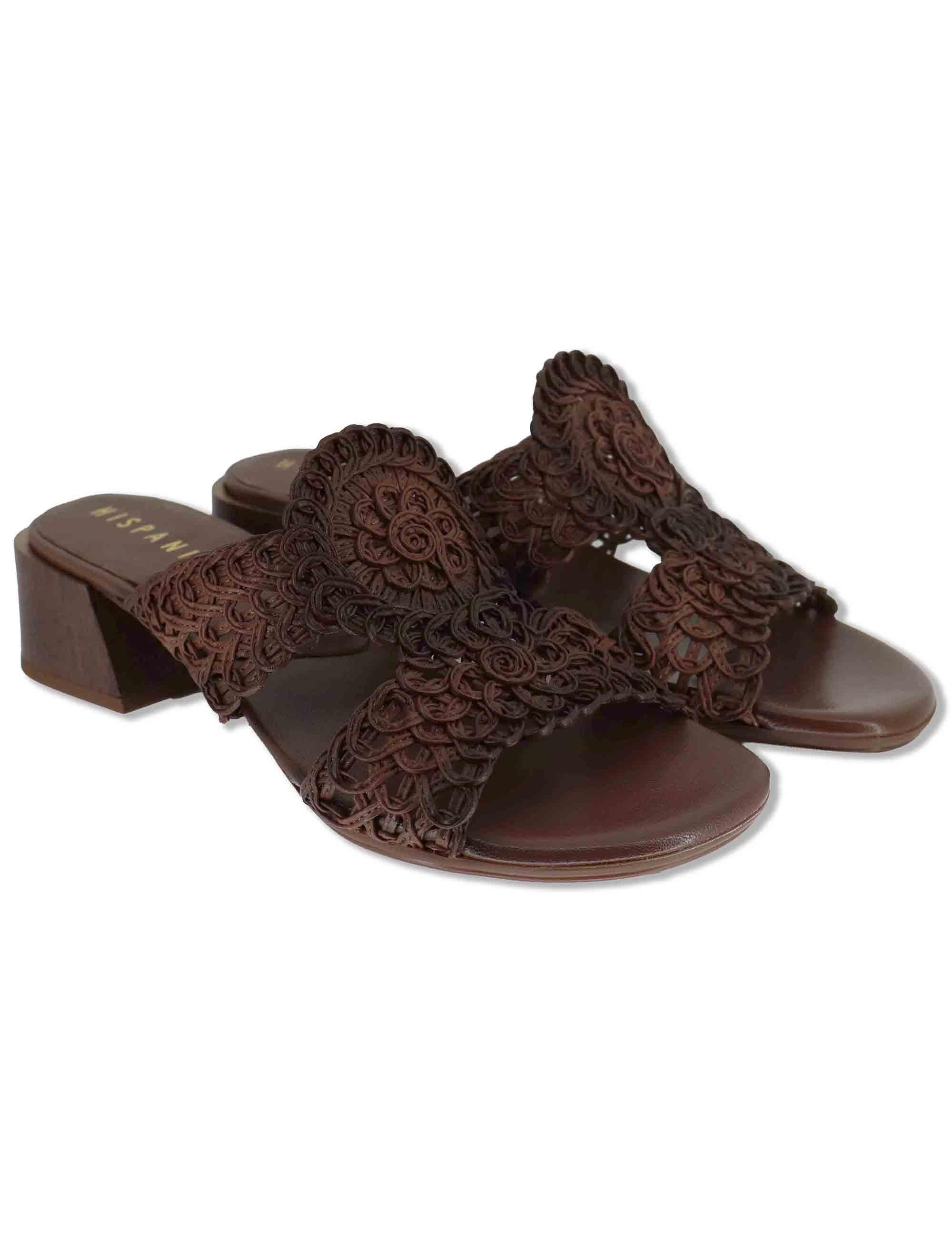Sandali donna in pelle marrone ricamo effetto pizzo con taccco medio HV264602 AVELLANA Hispanitas 