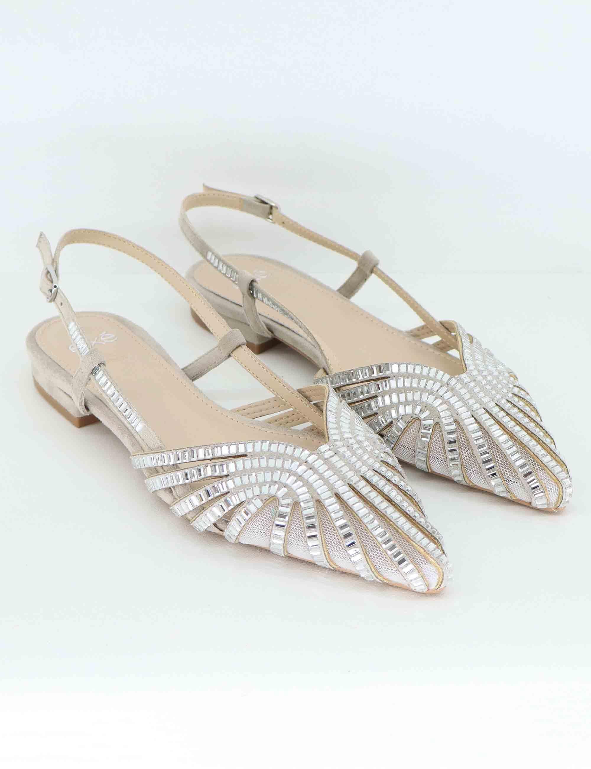 Slingback donna in tessuto argento con strass e tacco basso U470024418A0 D240G-99 Exe 