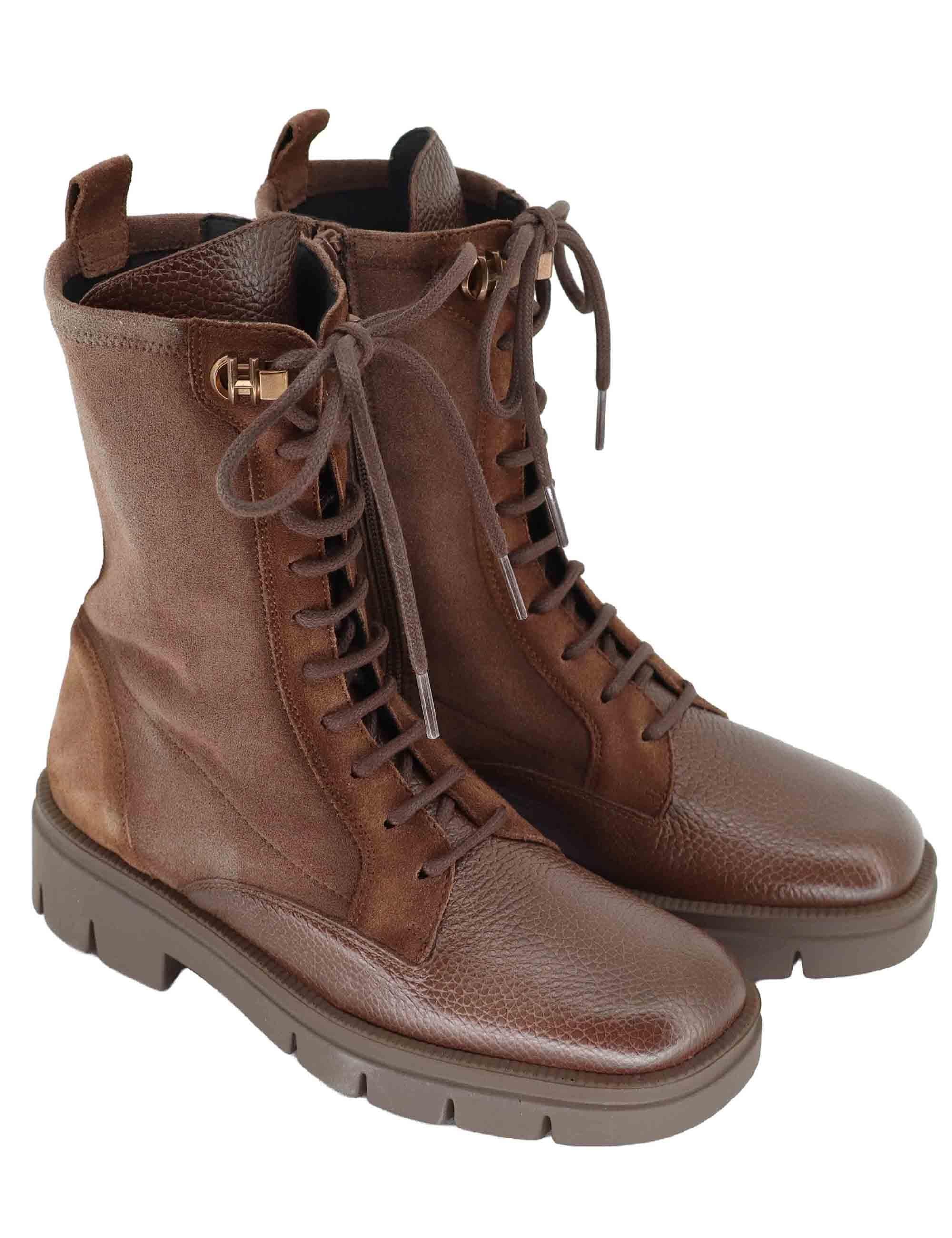 Stivaletti anfibi donna in pelle e tessuto marrone con suola carrarmato HI254234 C004 Hispanitas 