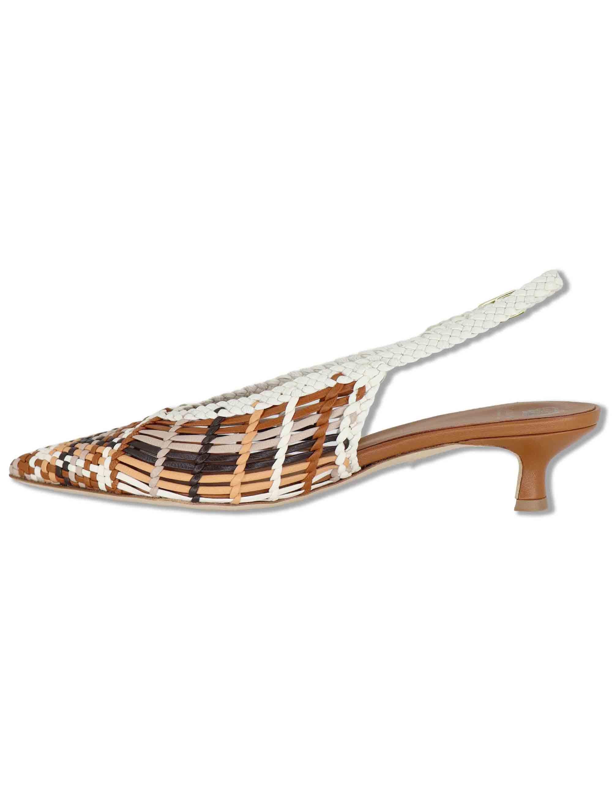 Decollete slingback donna in pelle intrecciata cuoio con tacco basso e punta a punta CH2657/RT CV300 L'Arianna 