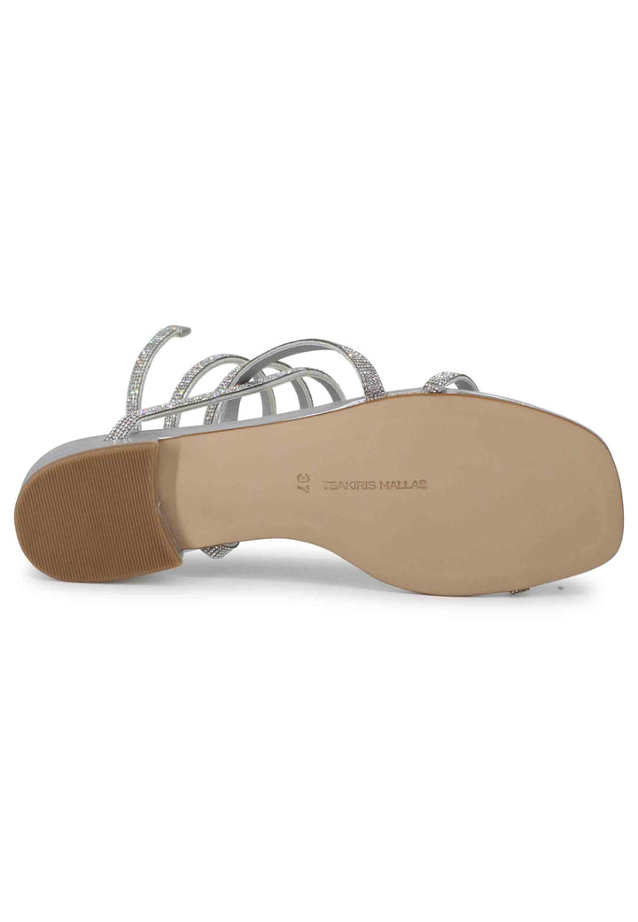Sandali bassi donna in tessuto argento con strass e cavigliera a serpente 658 600 Tsakiris Mallas 